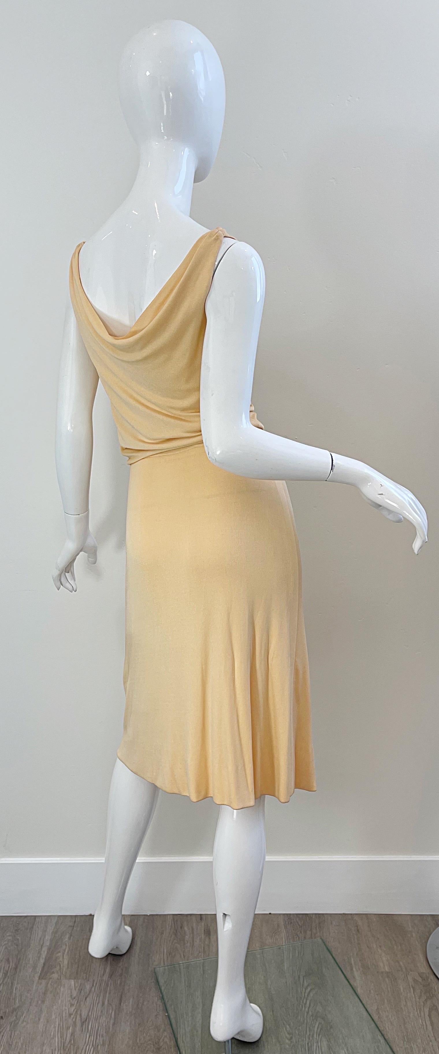 Beige 1970s Halston Silk Jersey Champagne Slinky Sleeveless Vintage 70s Dress For Sale