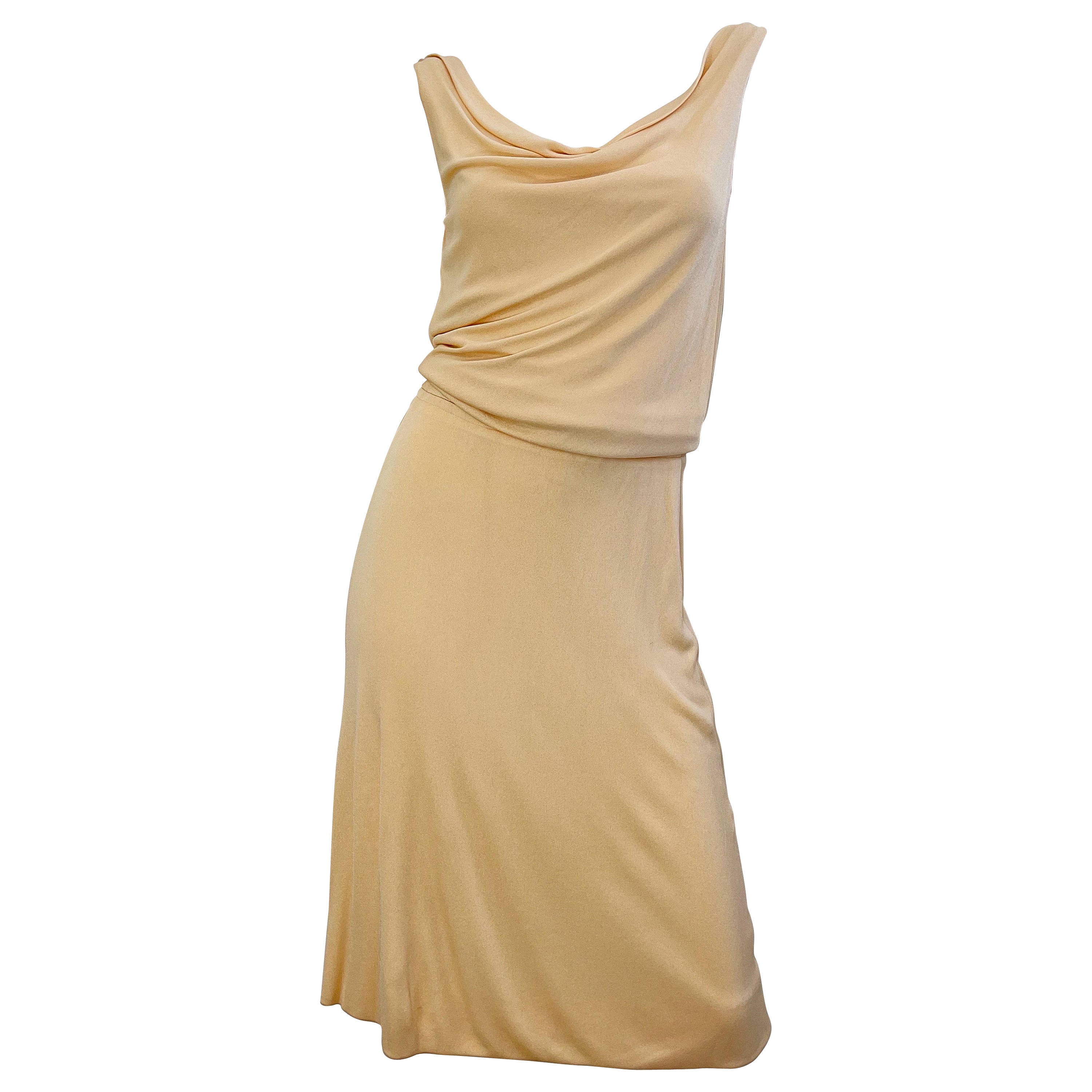 1970er Halston Champagnerfarbenes ärmelloses Vintage 70er Jahre Kleid aus Seidenjersey