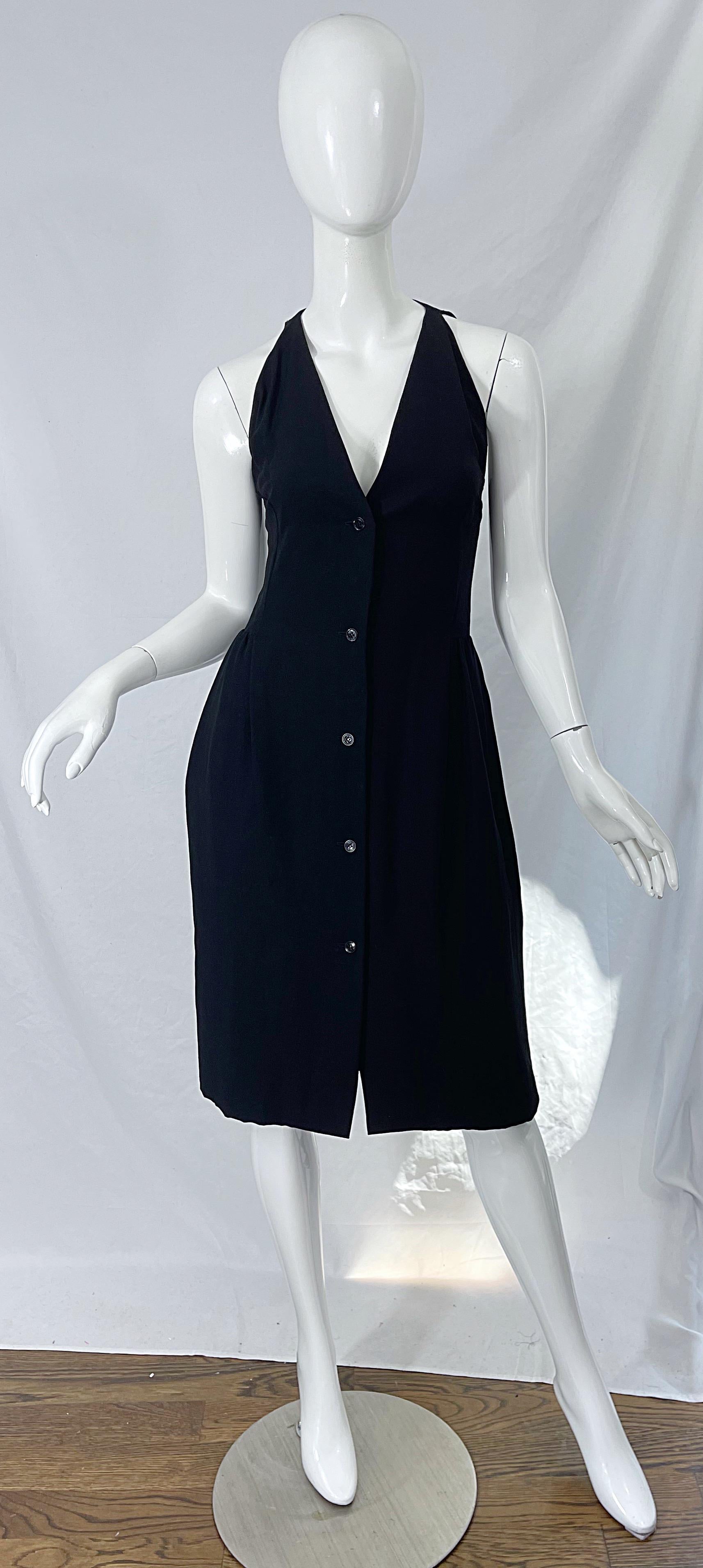 1970s Halston Silk Rayon Sleeveless Chic Vintage 70s Little Black Dress For Sale 11