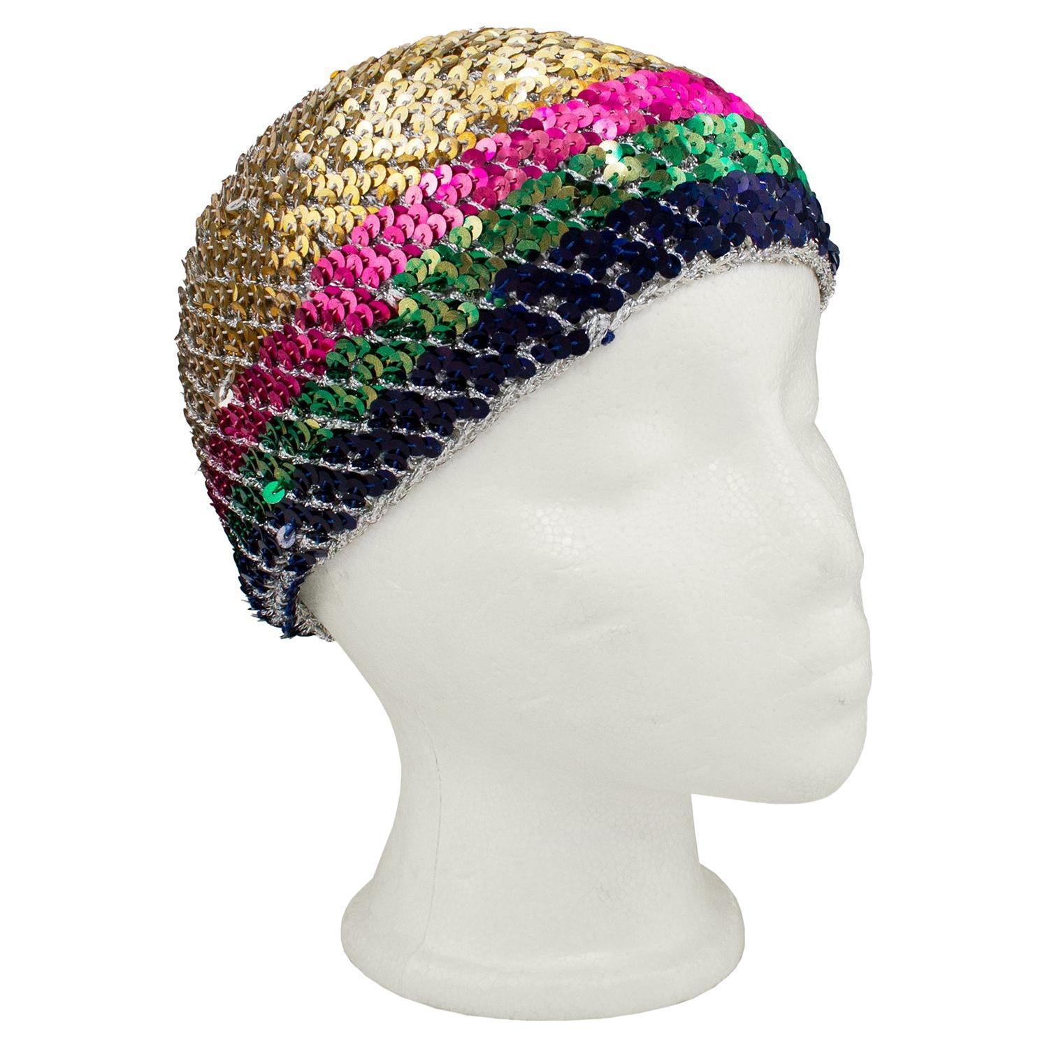 1970’s Halston Silver Crochet Skull Cap with Sequins For Sale