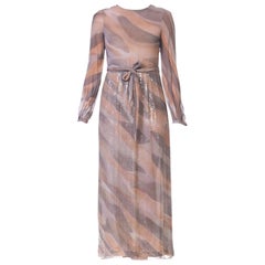 1970S HALSTON Style Oyster Grey Poly/Rayon Chiffon Sheer Sequin Cloud Print Gow