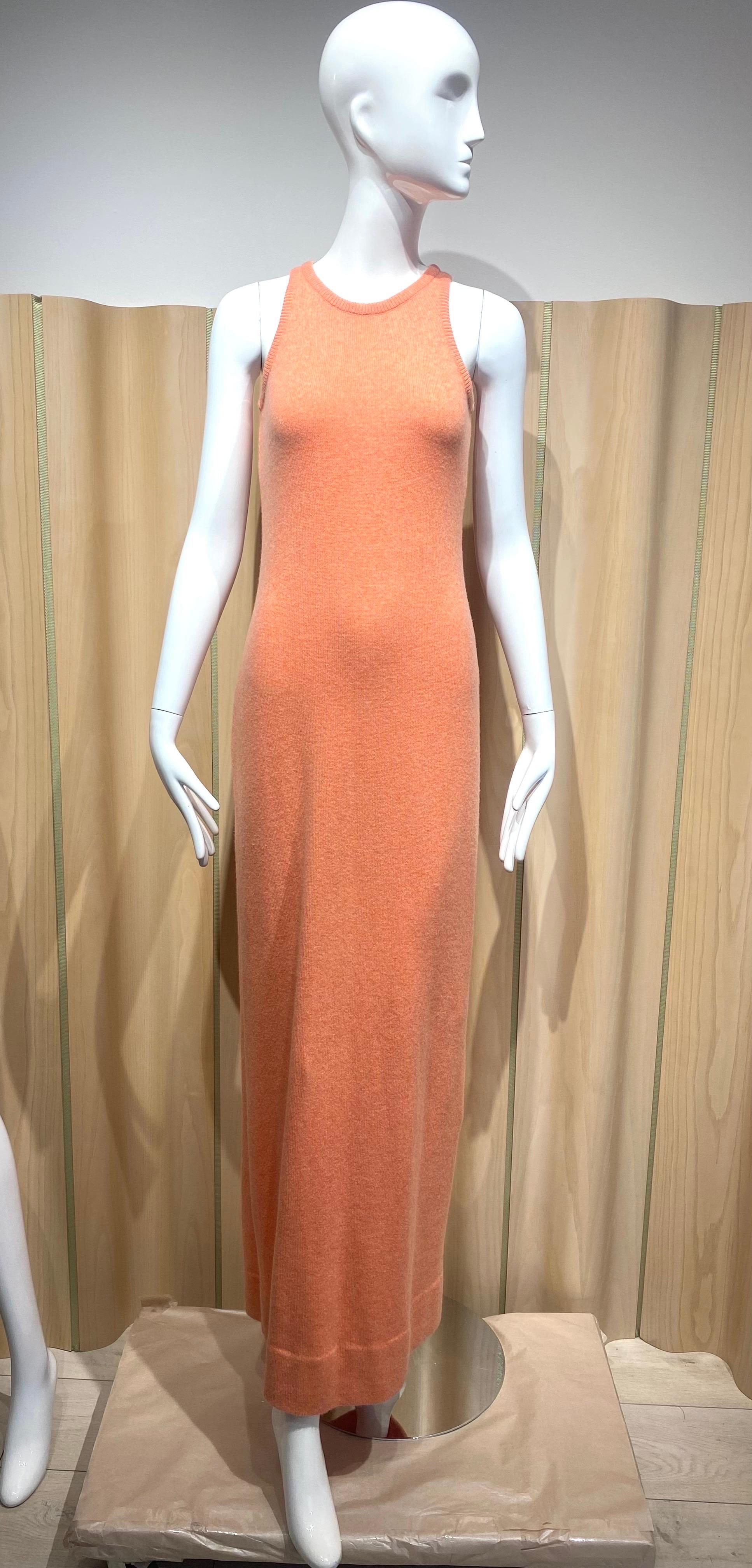 1970s Halston Tangerine Cashmere Maxi Sleeveless Dress and Cardigan Set In Good Condition For Sale In Beverly Hills, CA