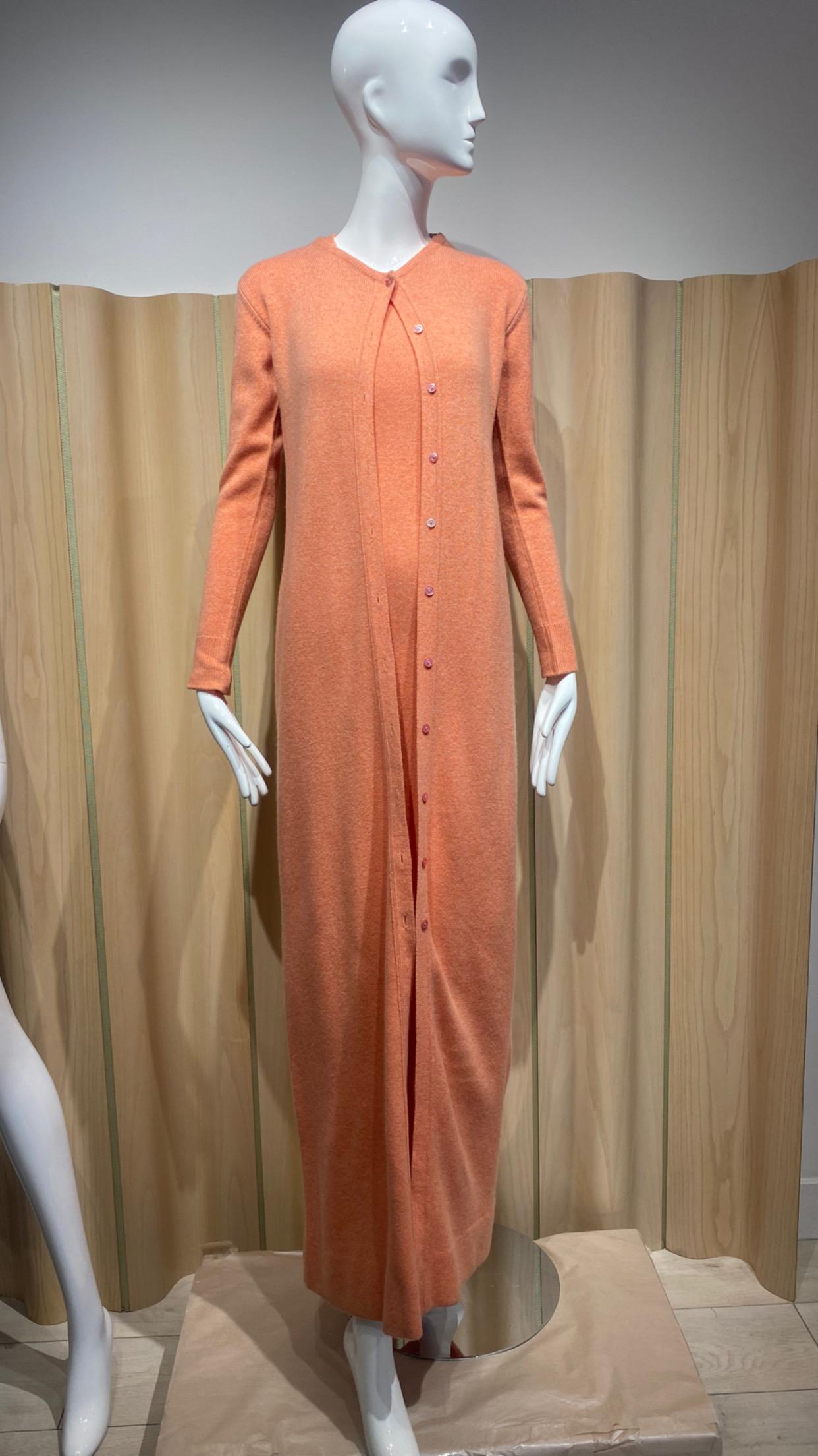 1970s Halston Tangerine Cashmere Maxi Sleeveless Dress and Cardigan Set For Sale 1