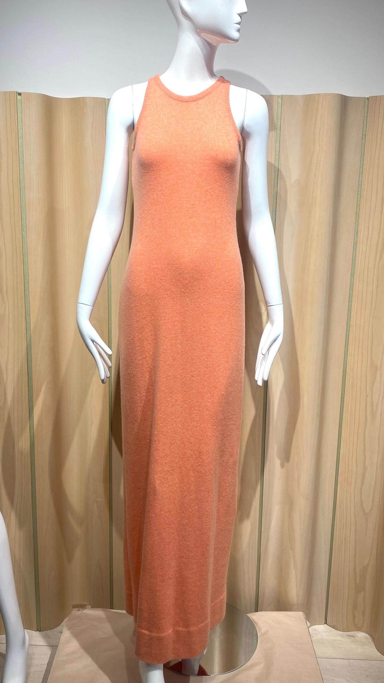 1970er Halston Tangerine Kaschmir Maxi ärmelloses Kleid und Strickjacke Set im Angebot 2