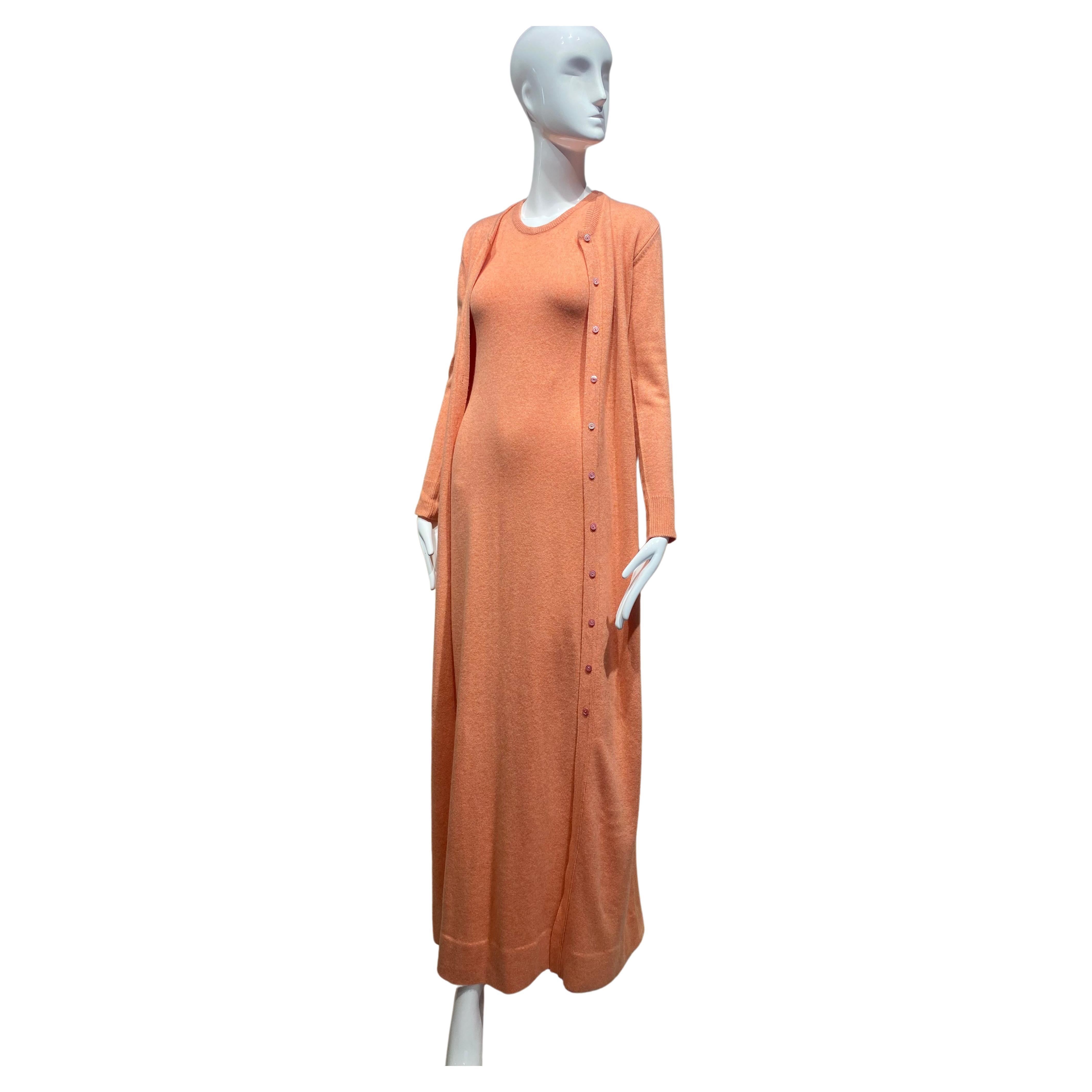 1970s Halston Tangerine Cashmere Maxi Sleeveless Dress and Cardigan Set en vente