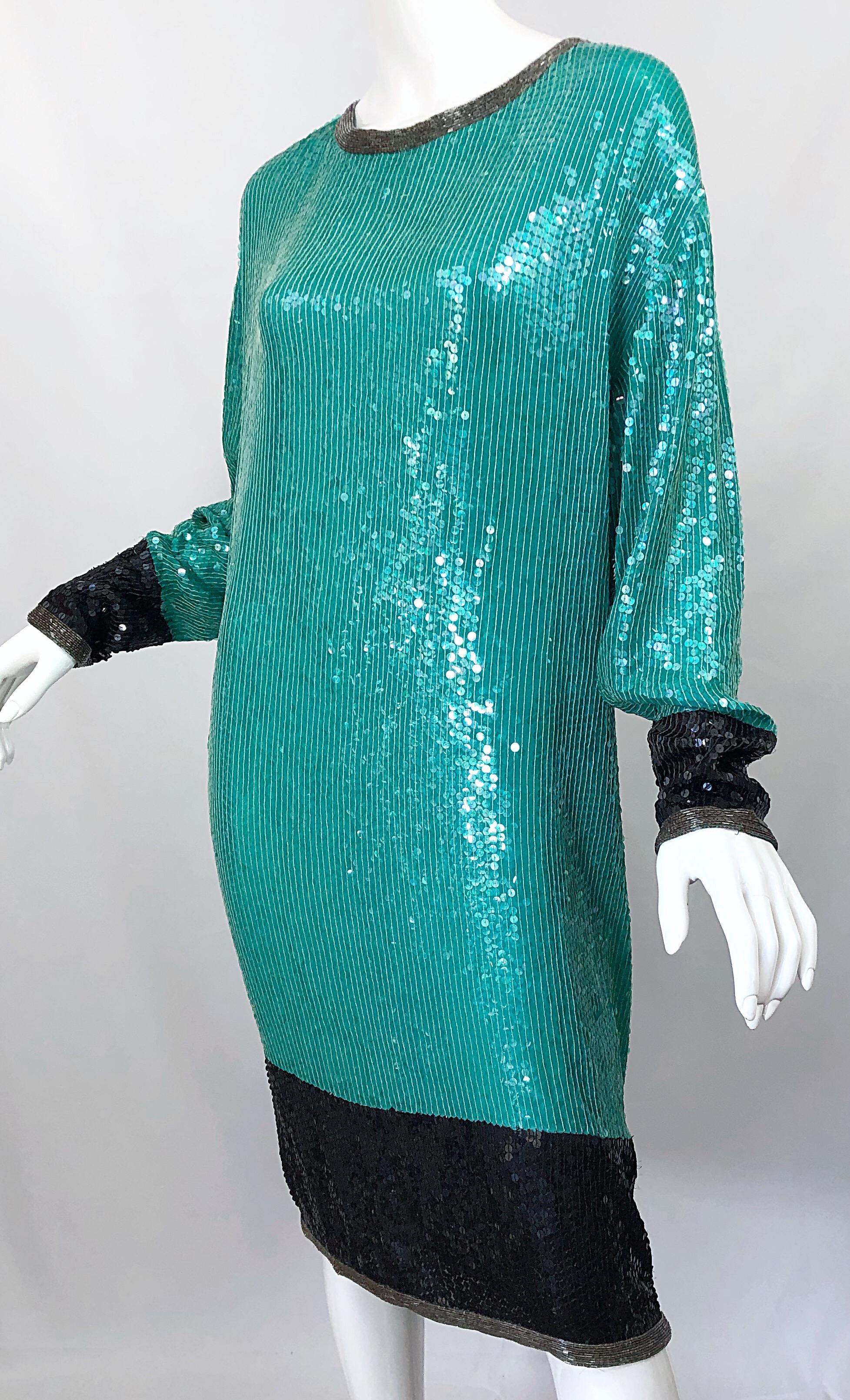 1970s HALSTON Teal Blue / Green + Black Sequined Beaded Dolman Sleeve Silk Dress 4