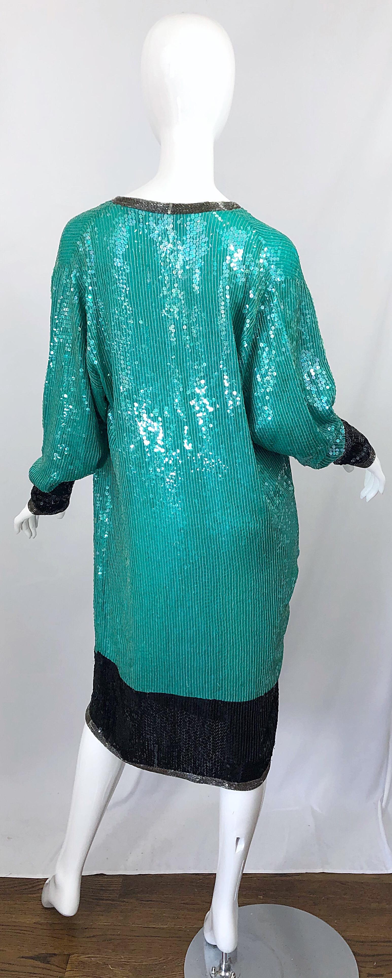 1970s HALSTON Teal Blue / Green + Black Sequined Beaded Dolman Sleeve Silk Dress 5