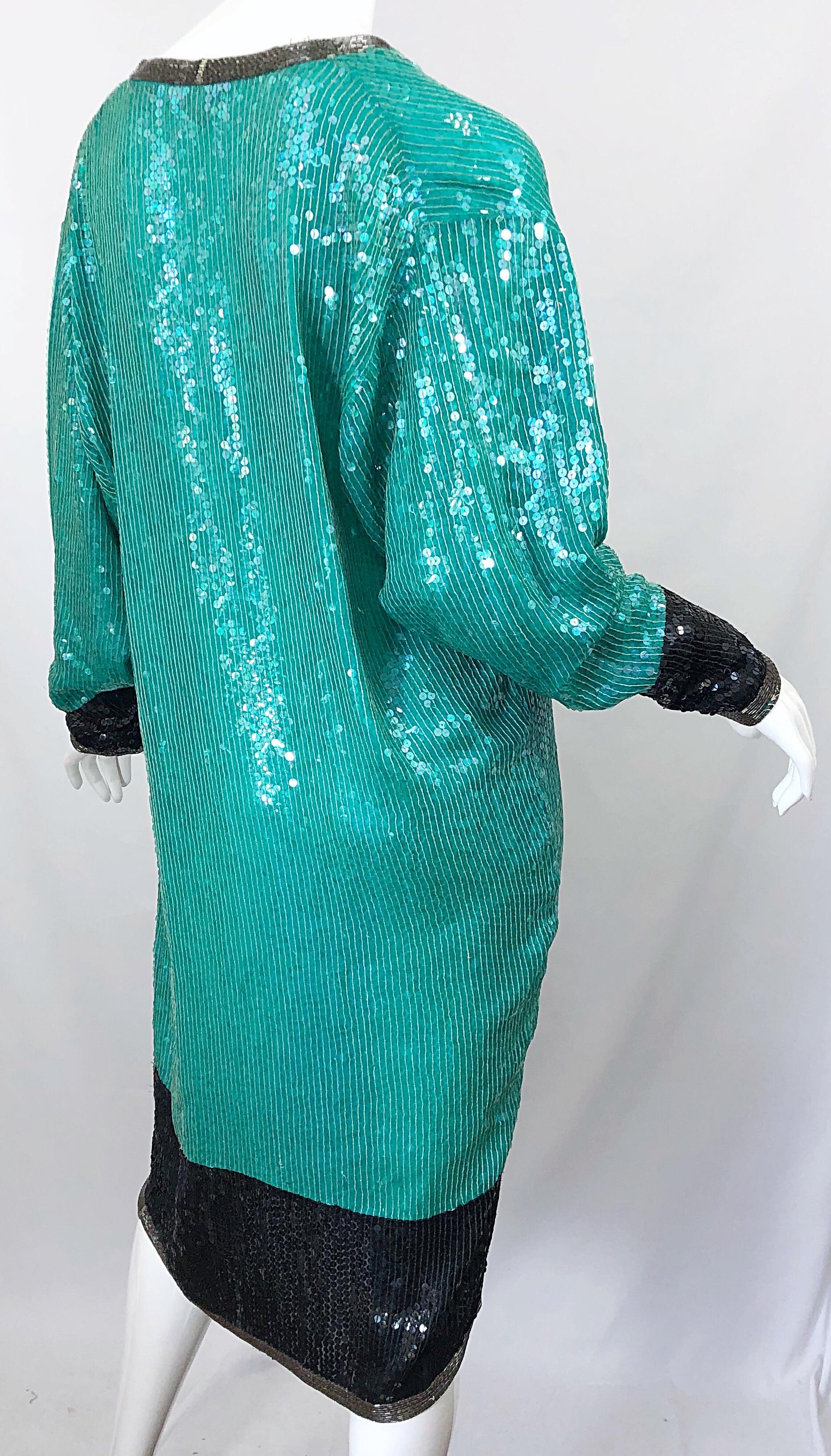1970s HALSTON Teal Blue / Green + Black Sequined Beaded Dolman Sleeve Silk Dress 7