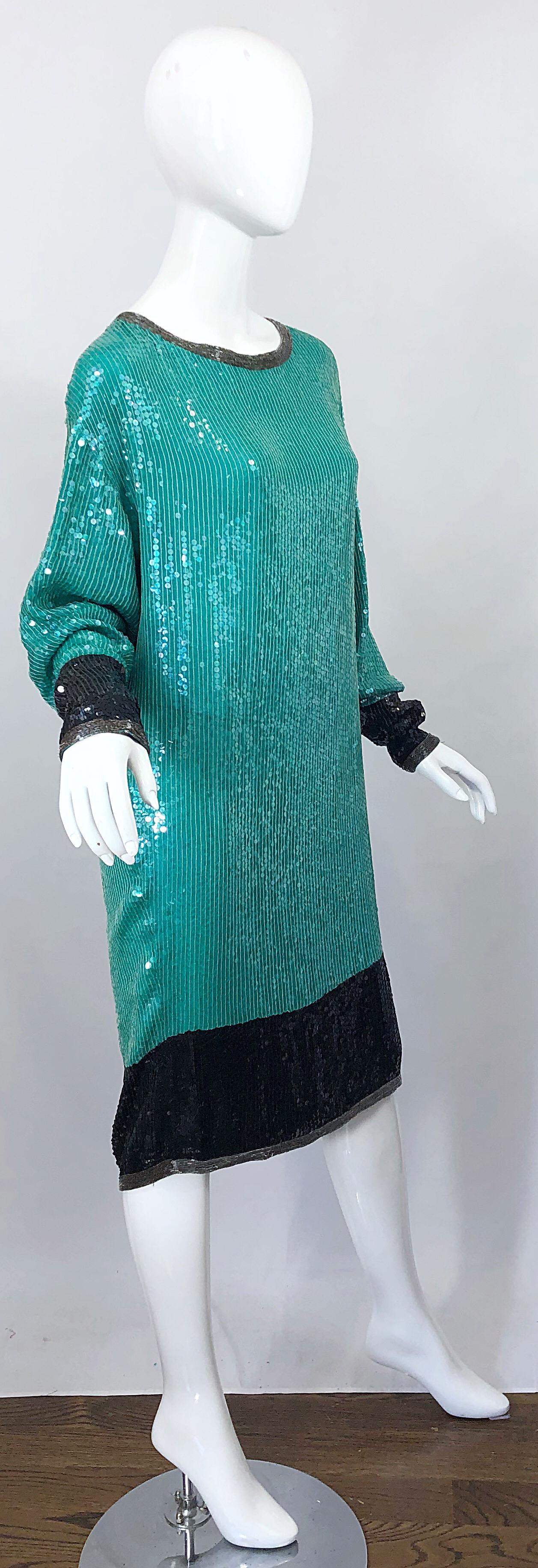 1970s HALSTON Teal Blue / Green + Black Sequined Beaded Dolman Sleeve Silk Dress 8