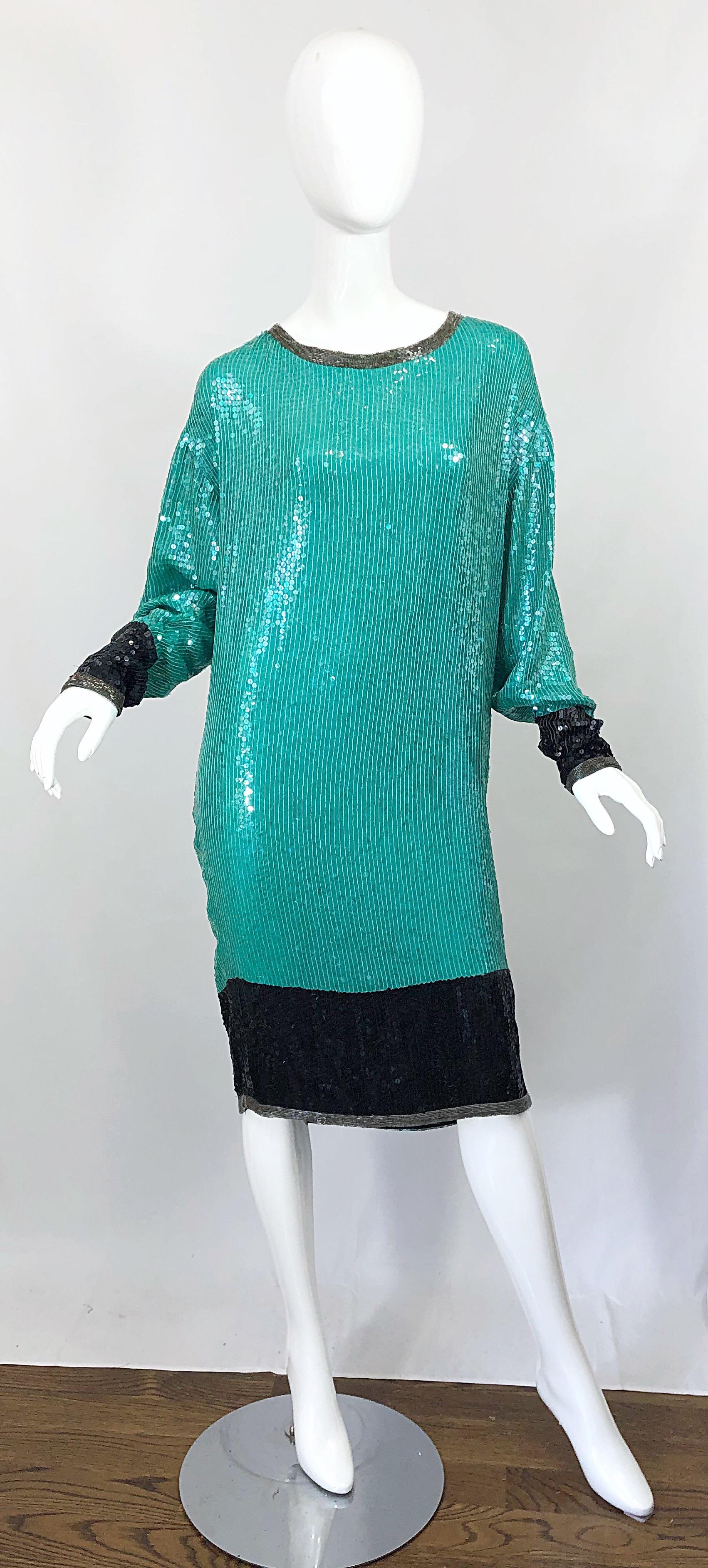 1970s HALSTON Teal Blue / Green + Black Sequined Beaded Dolman Sleeve Silk Dress 9