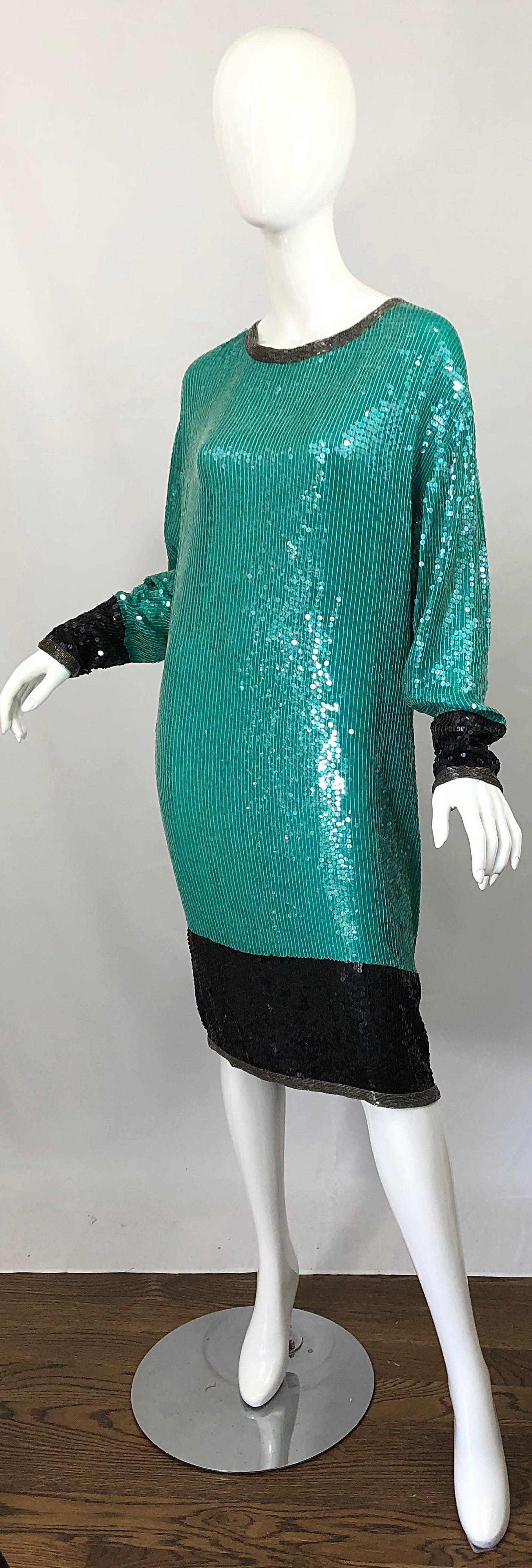 1970s HALSTON Teal Blue / Green + Black Sequined Beaded Dolman Sleeve Silk Dress In Excellent Condition In San Diego, CA