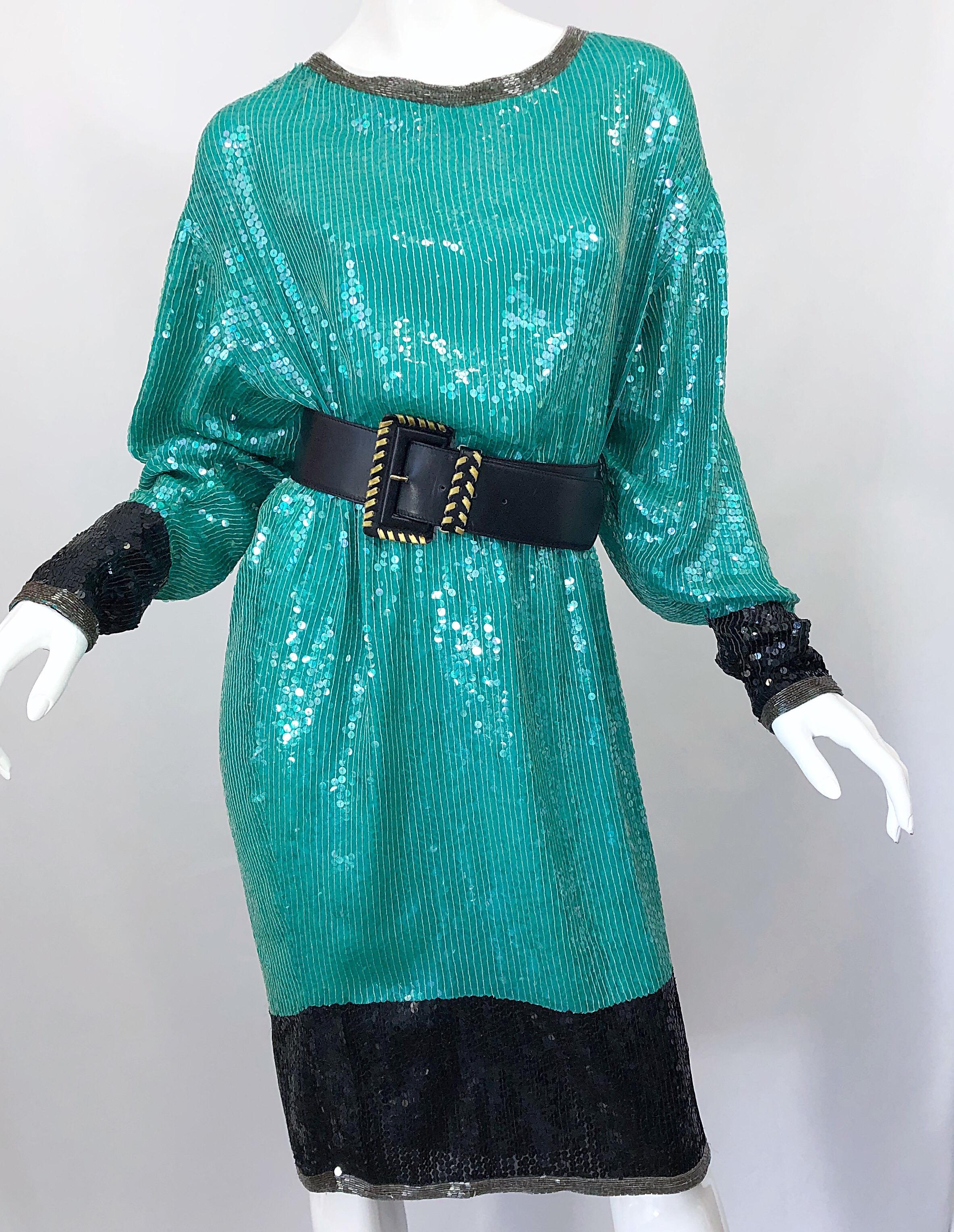1970s HALSTON Teal Blue / Green + Black Sequined Beaded Dolman Sleeve Silk Dress 1
