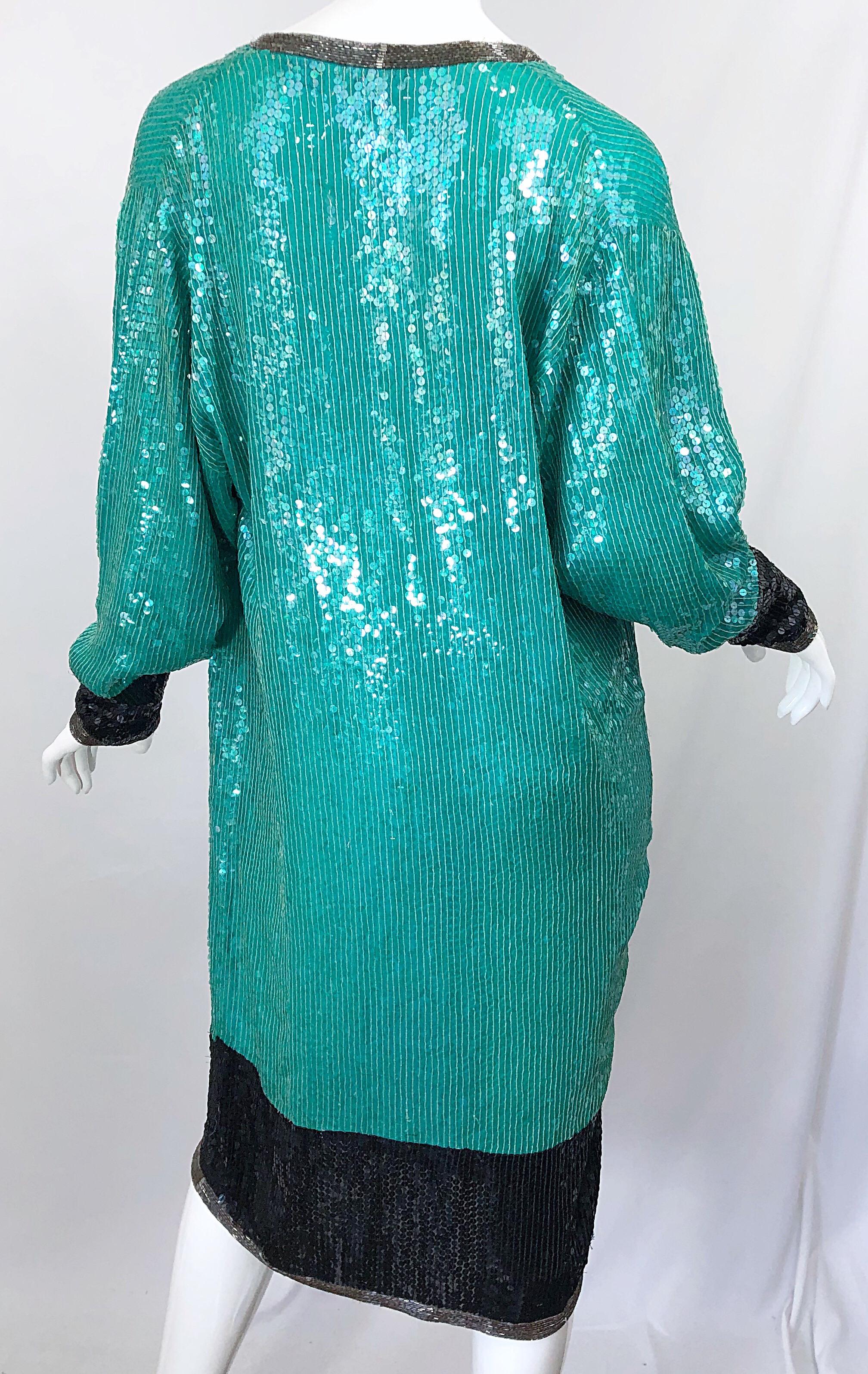 1970s HALSTON Teal Blue / Green + Black Sequined Beaded Dolman Sleeve Silk Dress 2