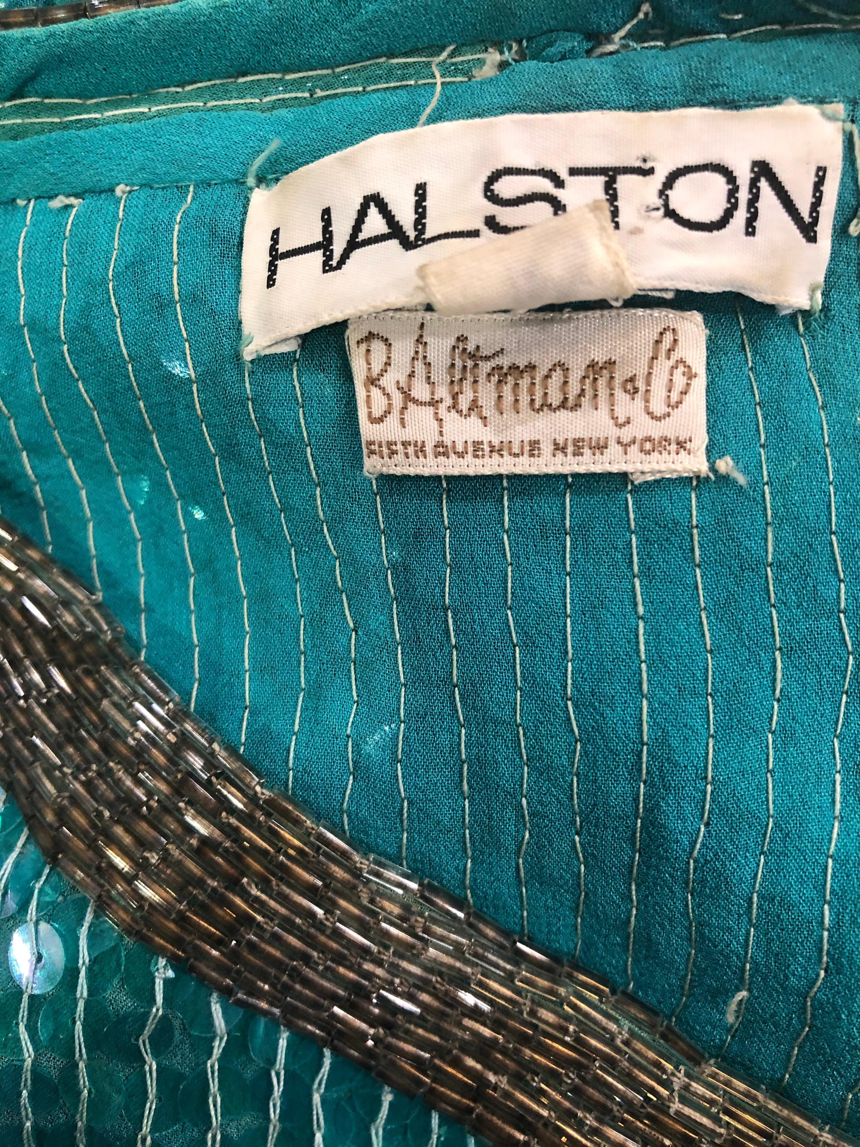 1970s HALSTON Teal Blue / Green + Black Sequined Beaded Dolman Sleeve Silk Dress 3