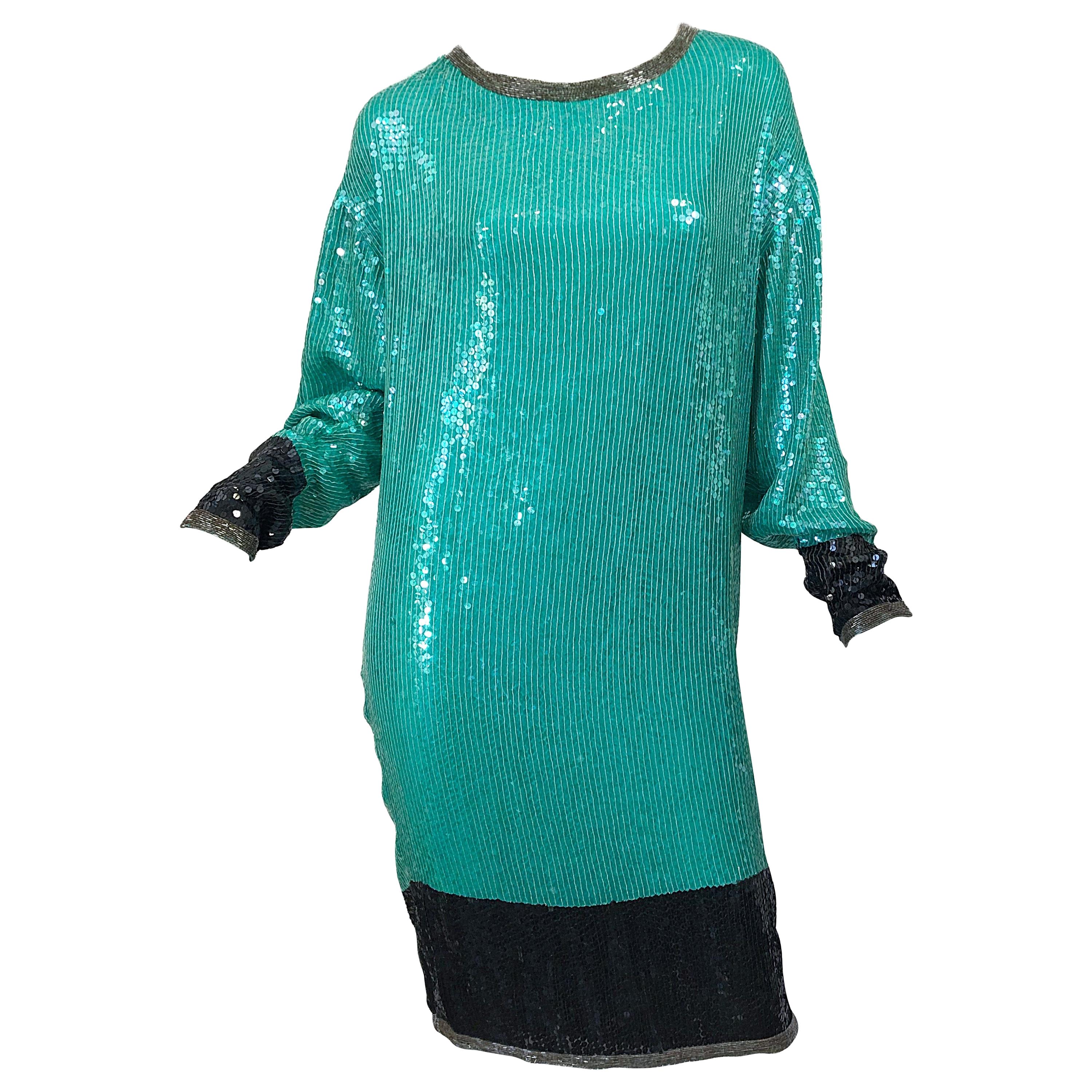 1970s HALSTON Teal Blue / Green + Black Sequined Beaded Dolman Sleeve Silk Dress