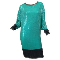 Vintage 1970s HALSTON Teal Blue / Green + Black Sequined Beaded Dolman Sleeve Silk Dress