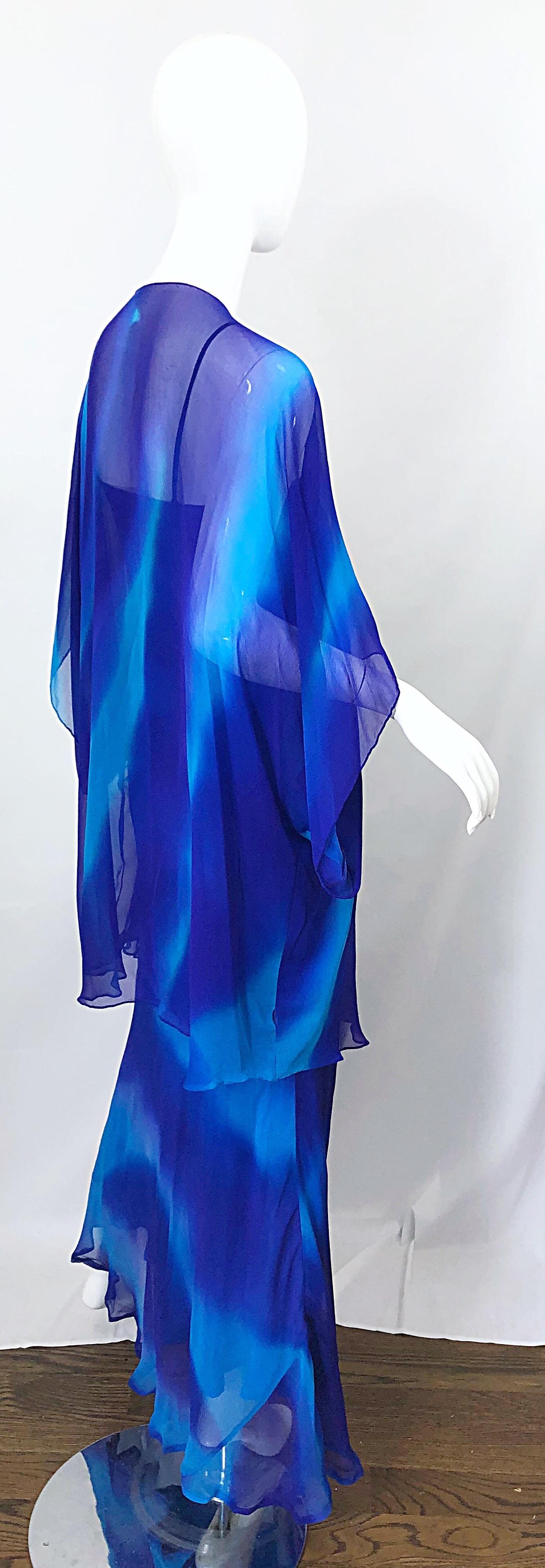 1970s Halston Tie Dyed Blue Silk Vintage 70s Dress Jacket Ensemble For Sale 3
