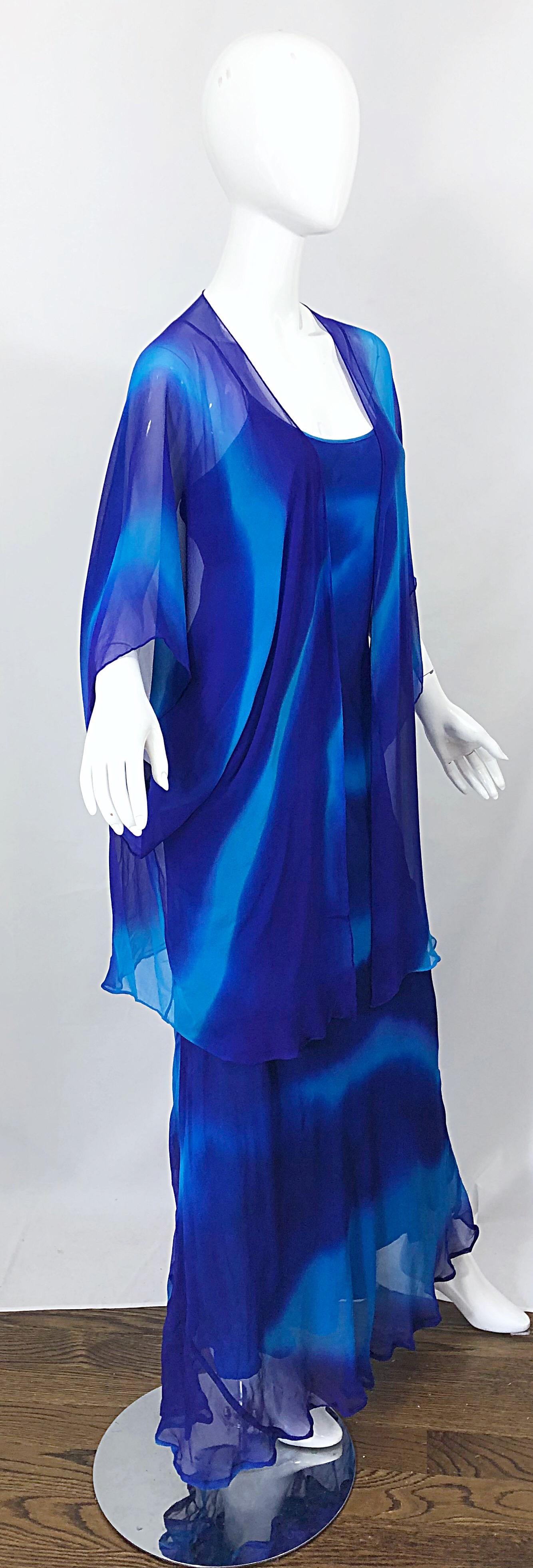 1970s Halston Tie Dyed Blue Silk Vintage 70s Dress Jacket Ensemble For Sale 4