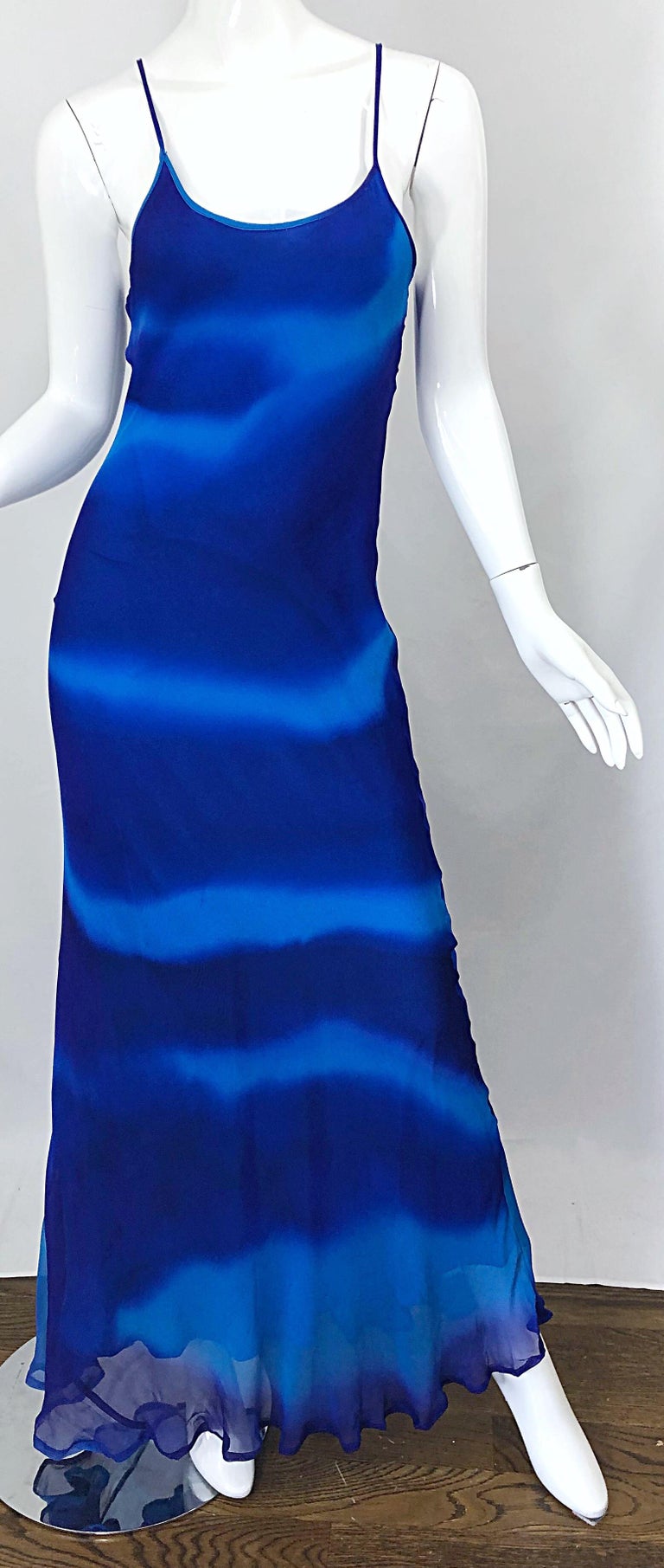 1970s Halston Tie Dyed Blue Silk Chiffon Vintage 70s Gown and Jacket ...