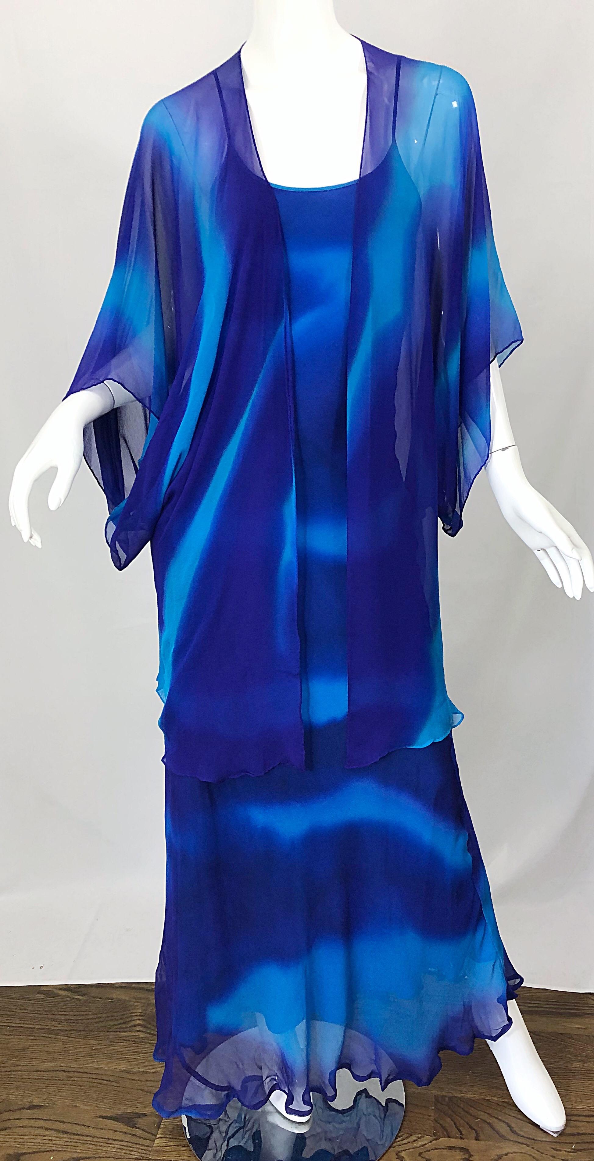 1970s Halston Tie Dyed Blue Silk Vintage 70s Dress Jacket Ensemble For Sale 6