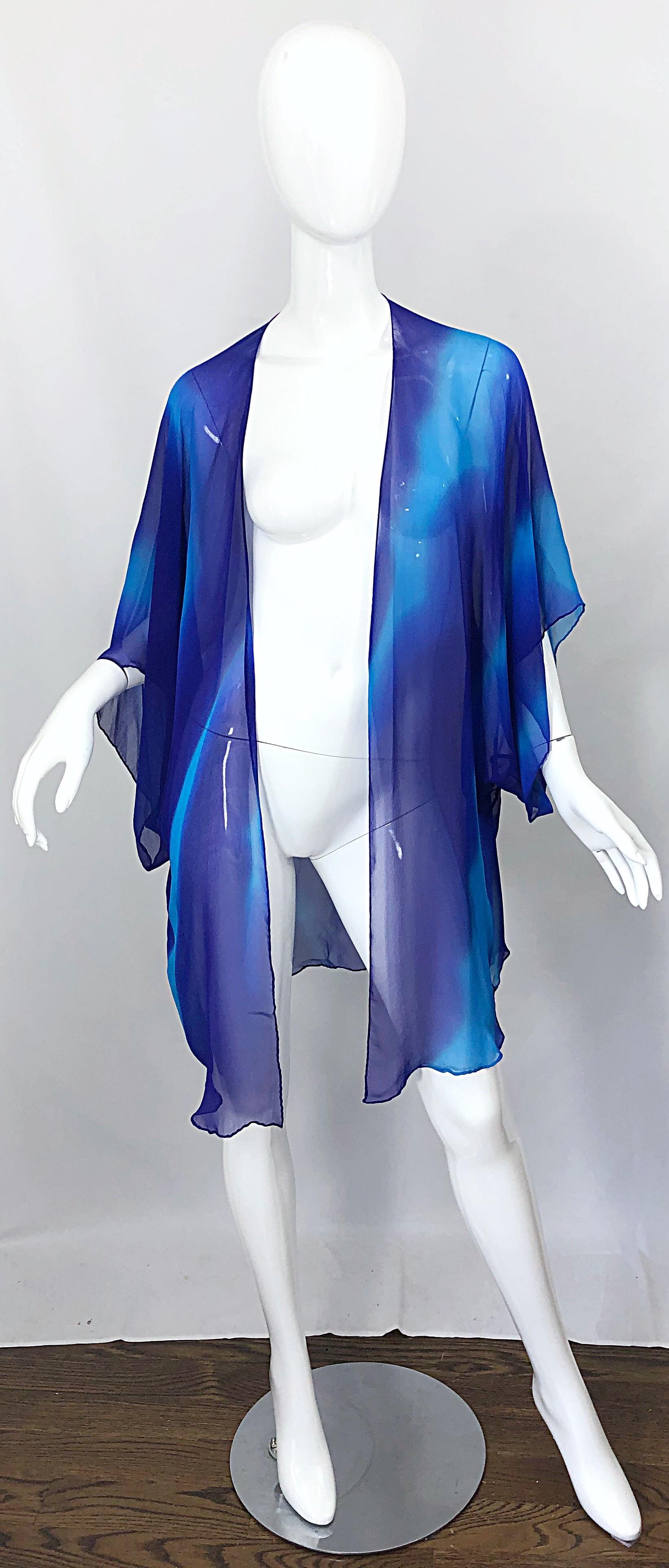 1970s Halston Tie Dyed Blue Silk Vintage 70s Dress Jacket Ensemble For Sale 7