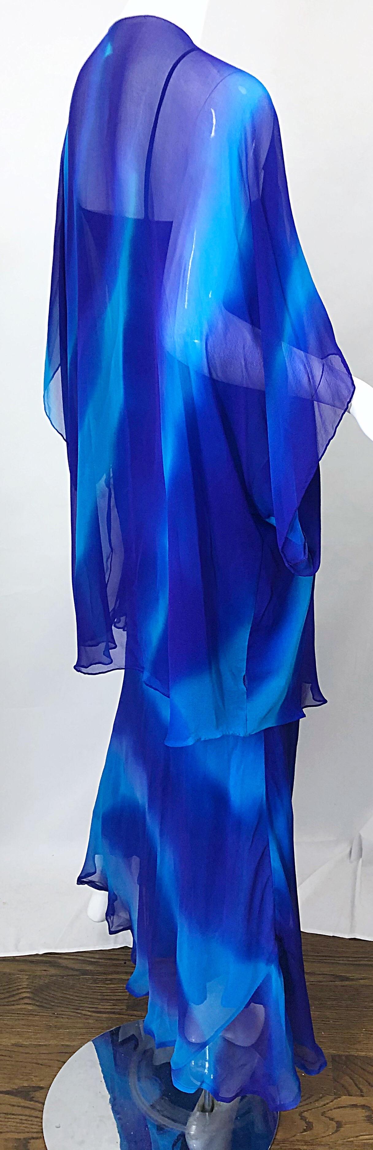 1970s Halston Tie Dyed Blue Silk Vintage 70s Dress Jacket Ensemble For Sale 8