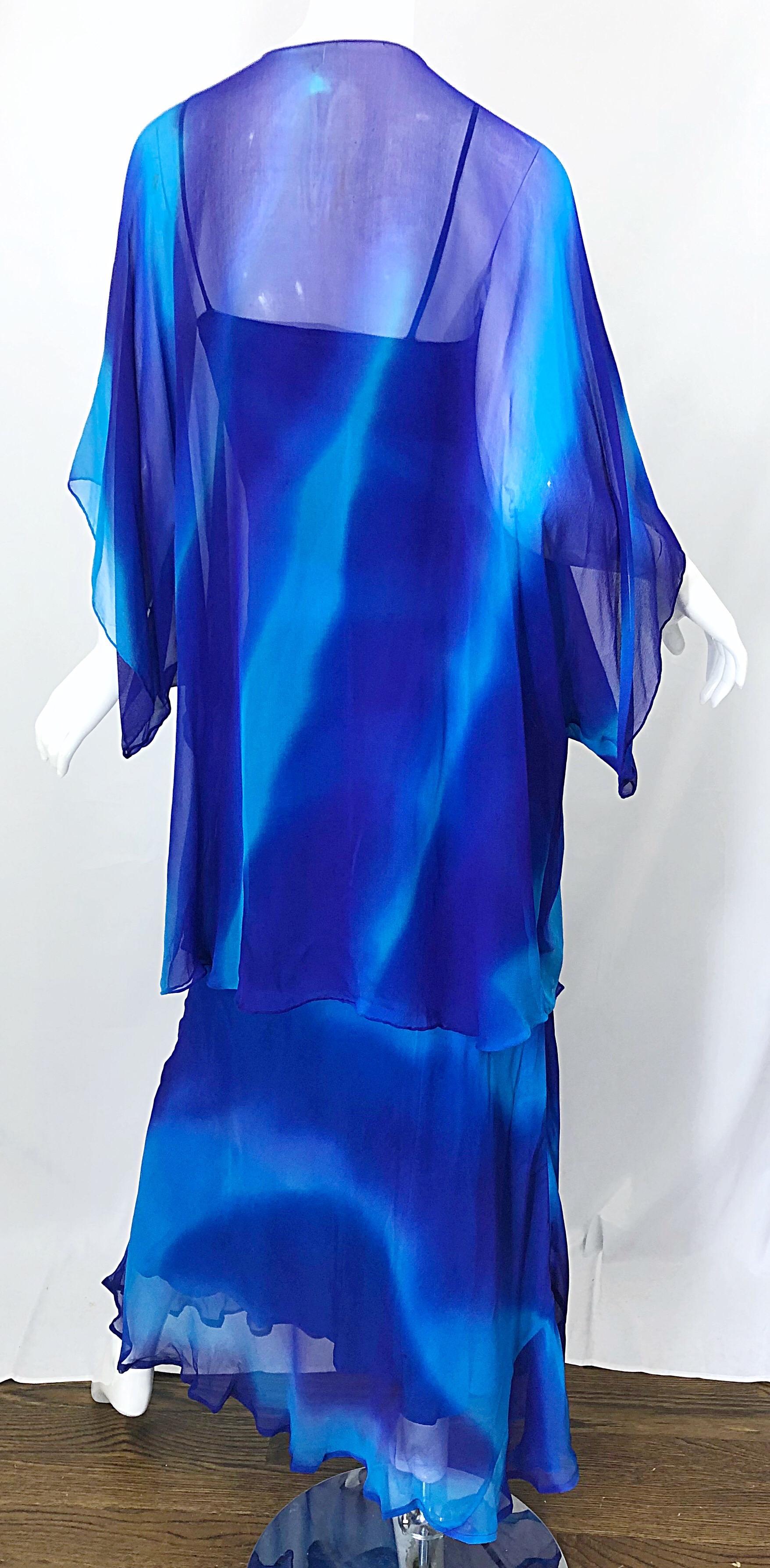 1970s Halston Tie Dyed Blue Silk Vintage 70s Dress Jacket Ensemble For Sale 10