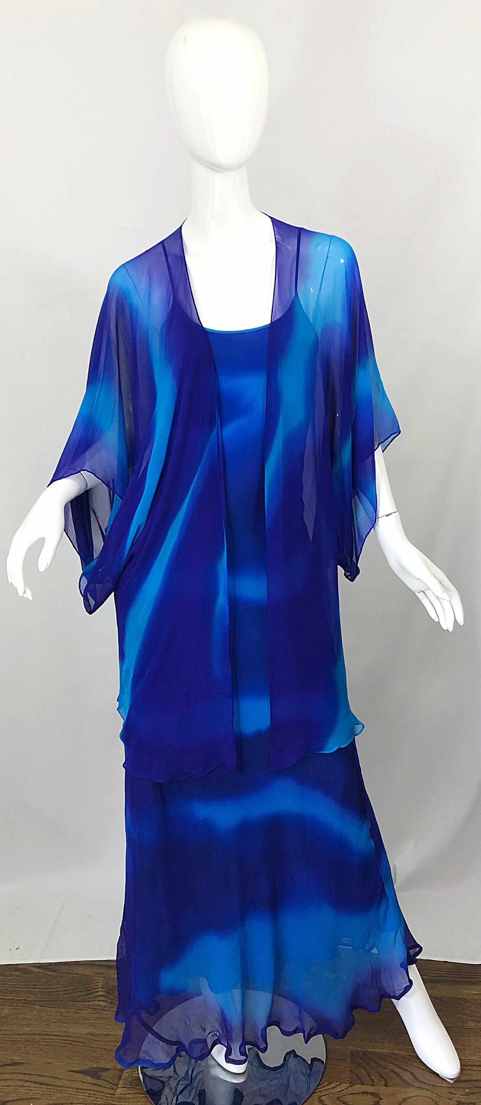 1970s Halston Tie Dyed Blue Silk Vintage 70s Dress Jacket Ensemble For Sale 11