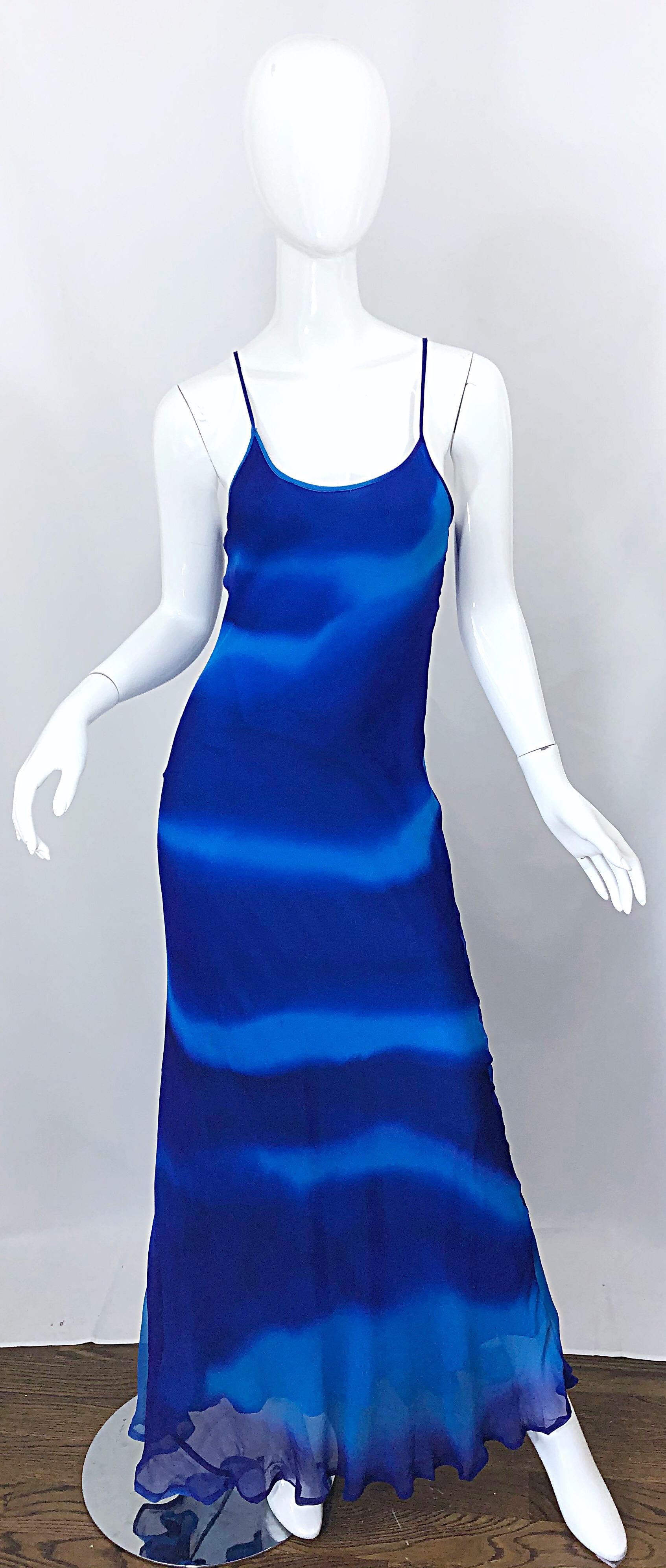 Stunning vintage 1970s HALSTON (attributed) blue tie dyed silk chiffon maxi dress and jacket ensemble! Dress simply slips over the head, and features multiple layers of soft lightweight silk chiffon and spaghetti straps. Drapes the body beautifully!