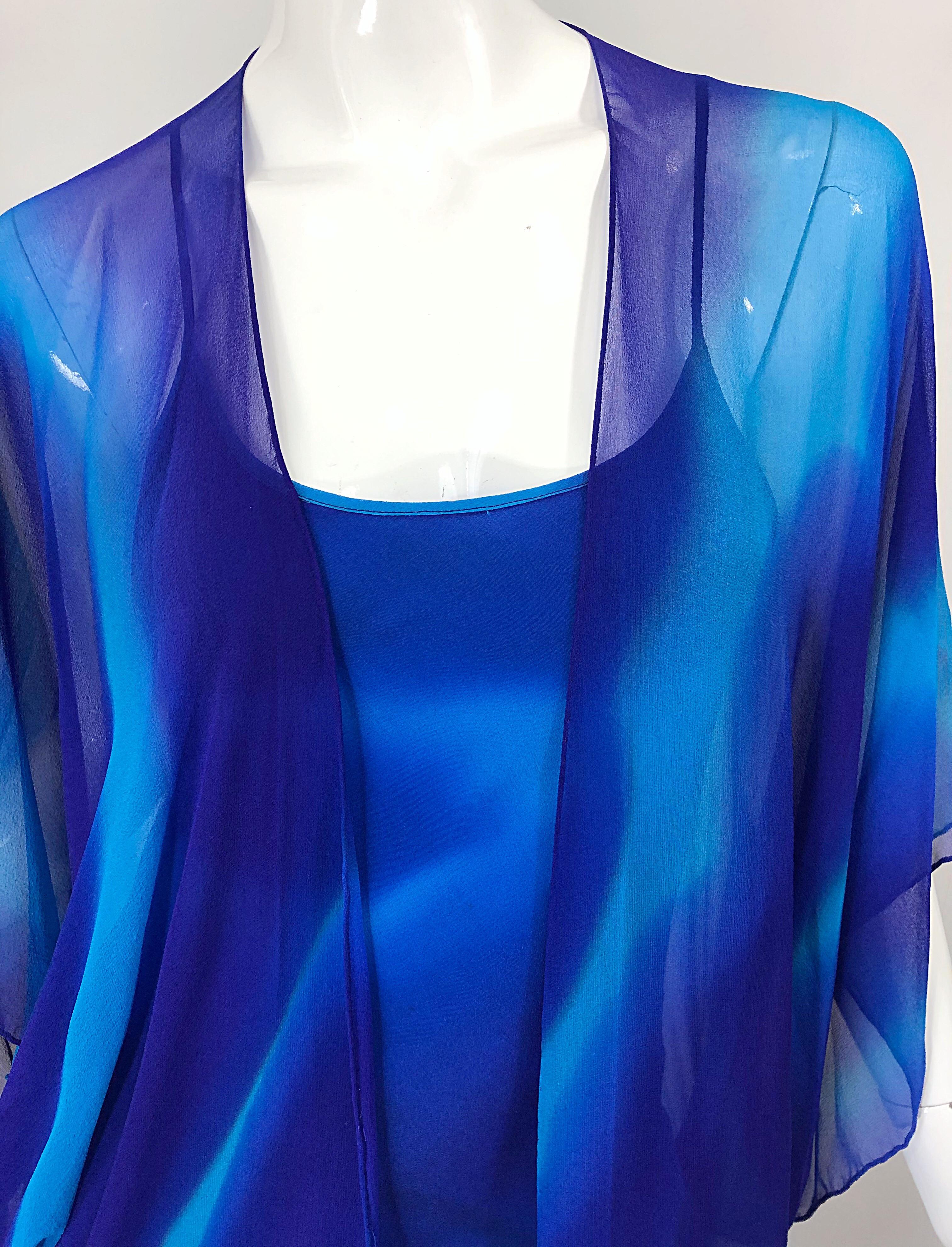 1970er Halston Tie Dyed Blau Seide Vintage 70s Kleid Jacke Ensemble Damen im Angebot