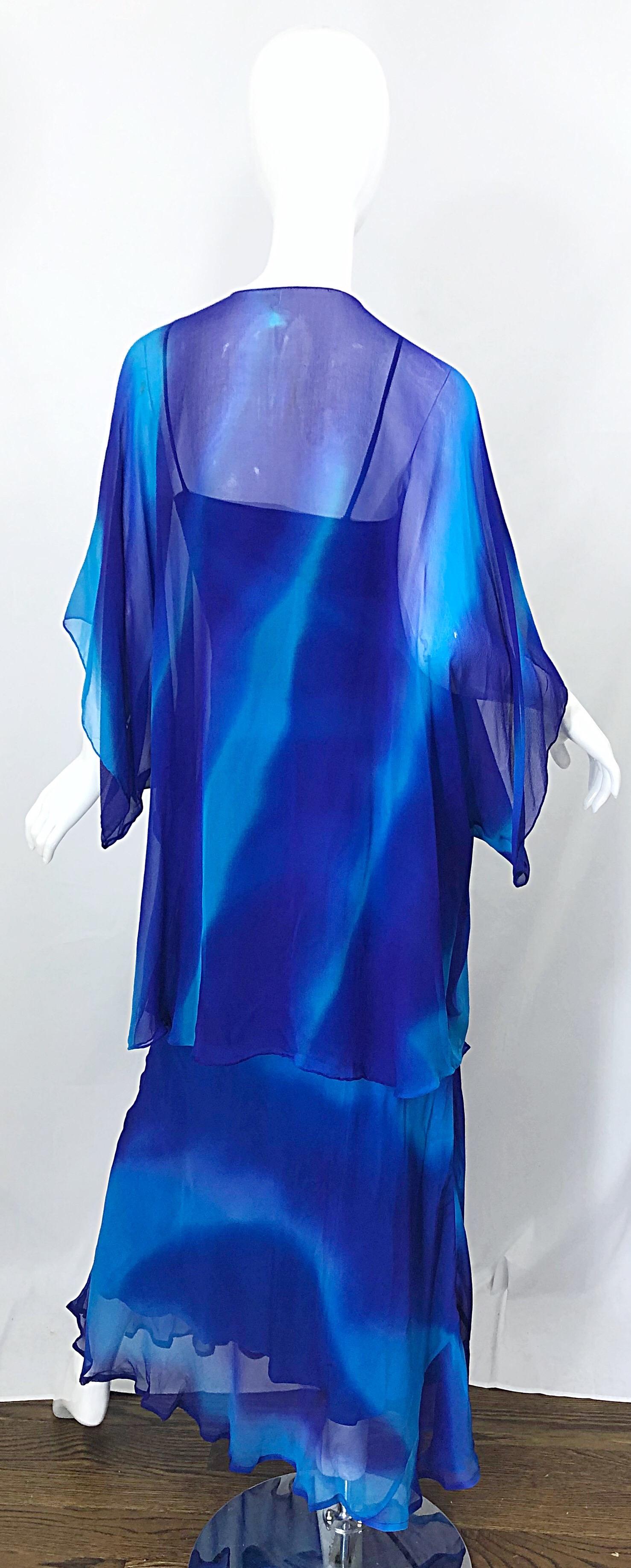 1970er Halston Tie Dyed Blau Seide Vintage 70s Kleid Jacke Ensemble im Angebot 1