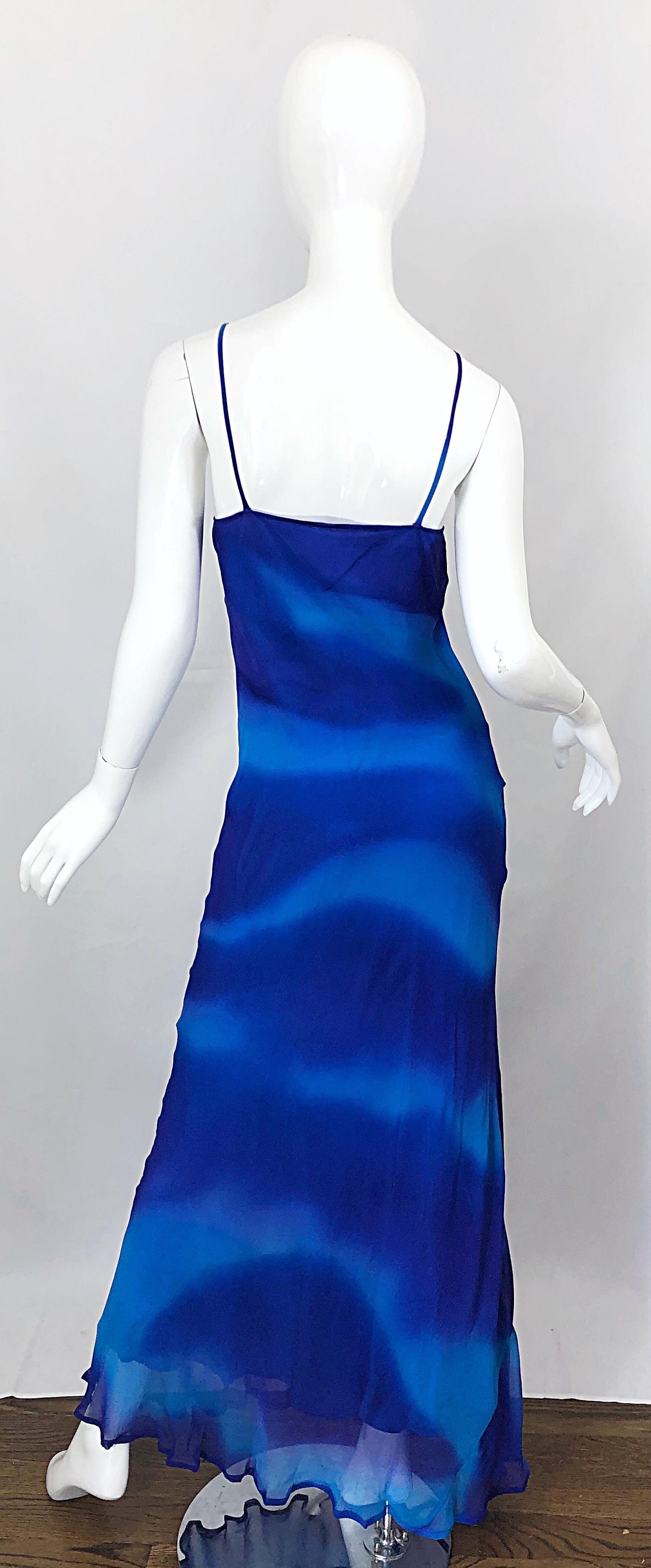 1970er Halston Tie Dyed Blau Seide Vintage 70s Kleid Jacke Ensemble im Angebot 2