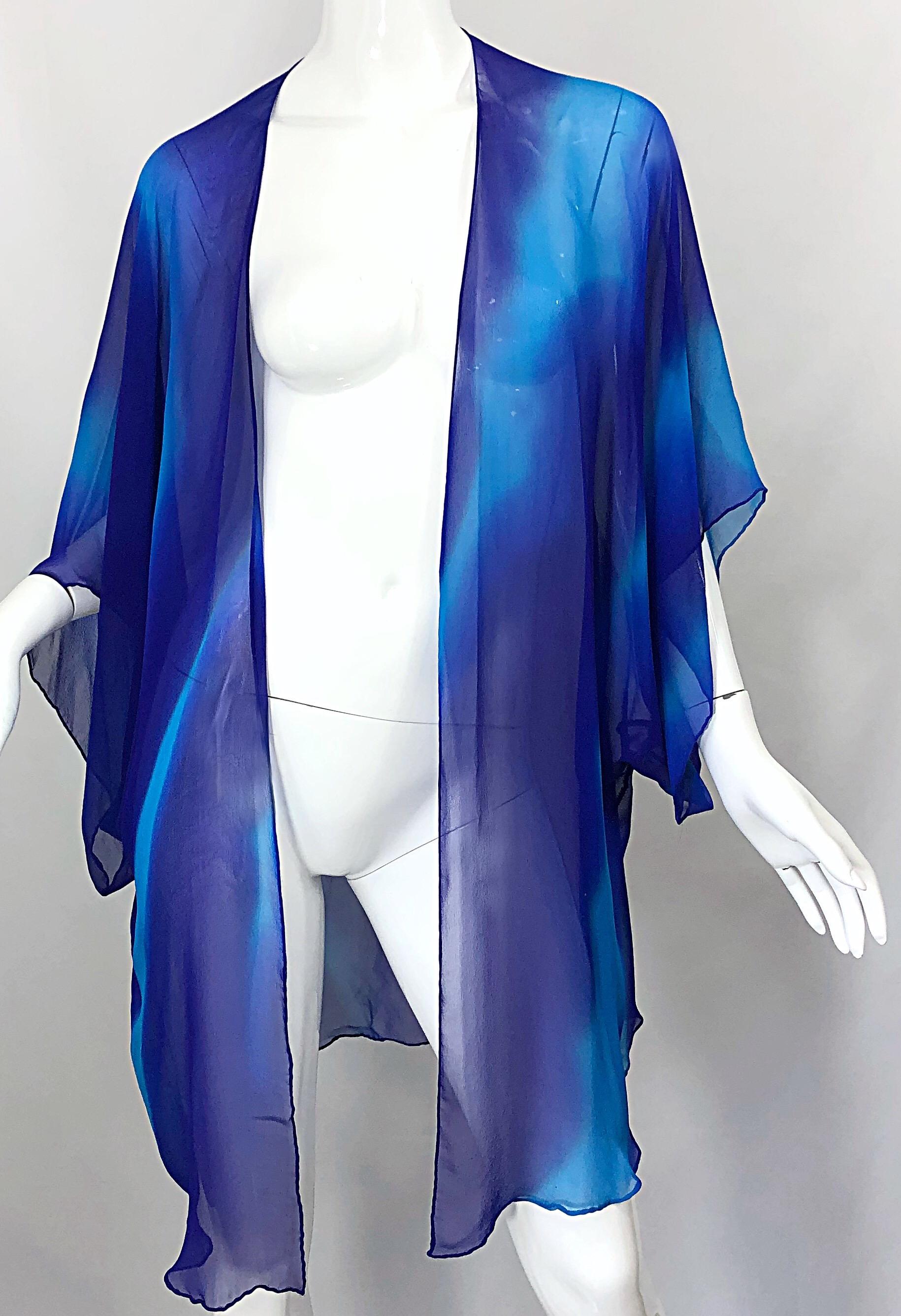 Women's 1970s Halston Tie Dyed Blue Silk Vintage 70s Dress Jacket Ensemble For Sale