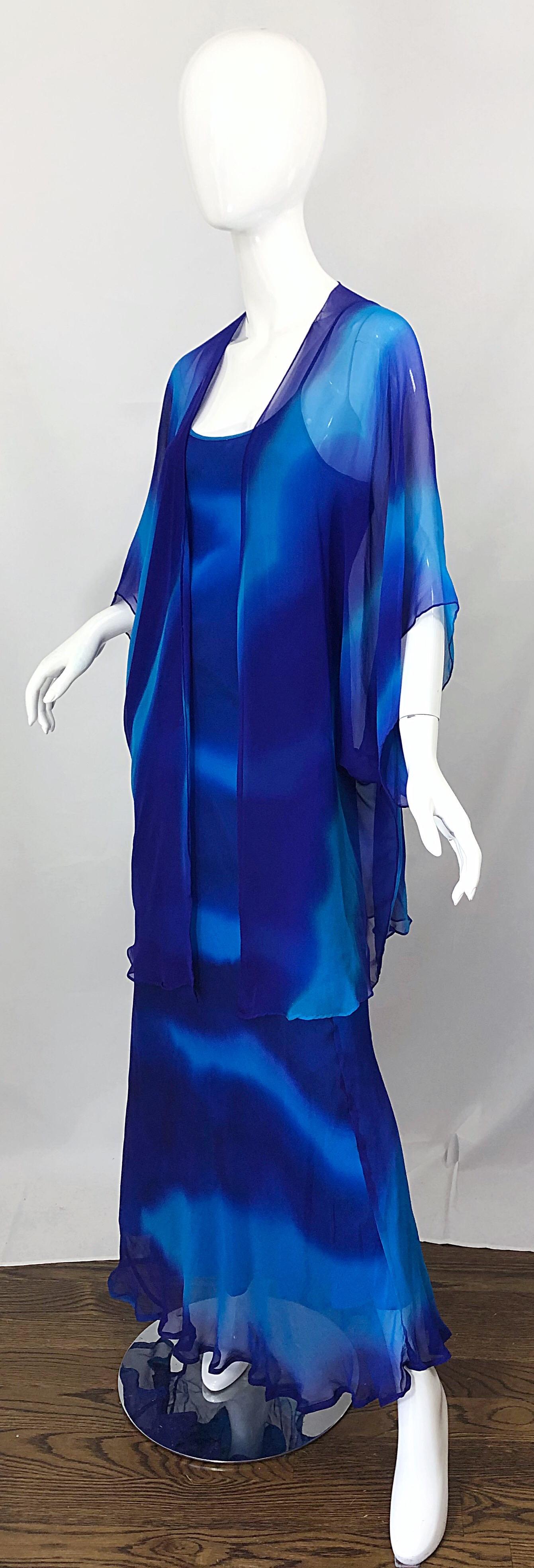 1970s Halston Tie Dyed Blue Silk Vintage 70s Dress Jacket Ensemble For Sale 1