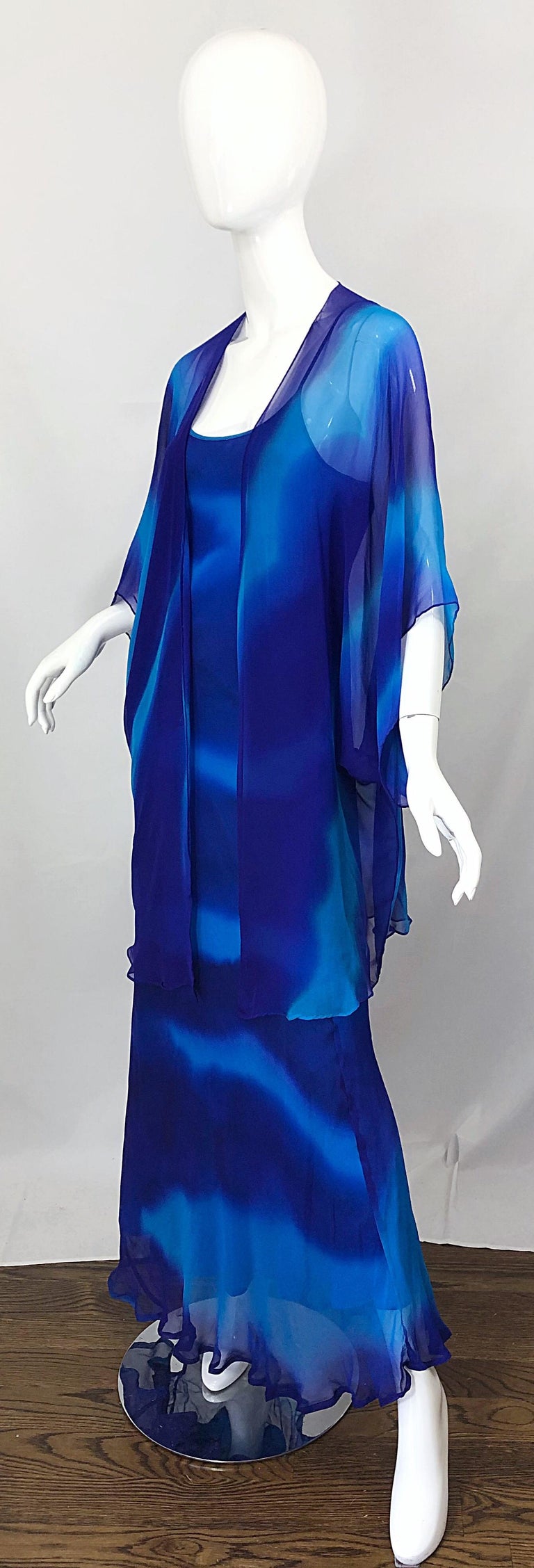 1970s Halston Tie Dyed Blue Silk Chiffon Vintage 70s Gown and Jacket