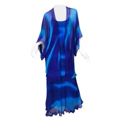 1970er Halston Tie Dyed Blau Seide Vintage 70s Kleid Jacke Ensemble