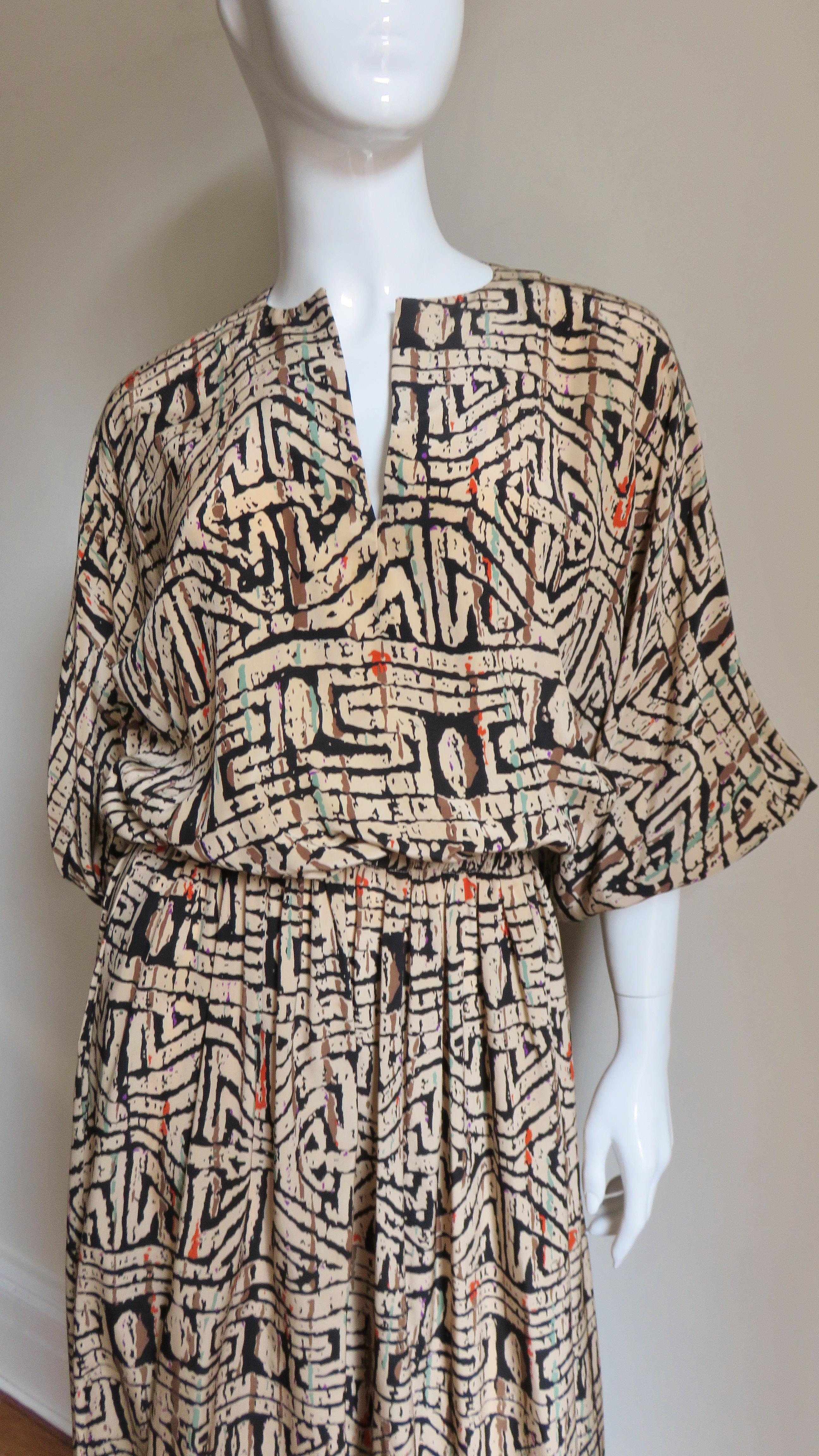 Gray Halston Abstract Print Blouson Dress 1970s