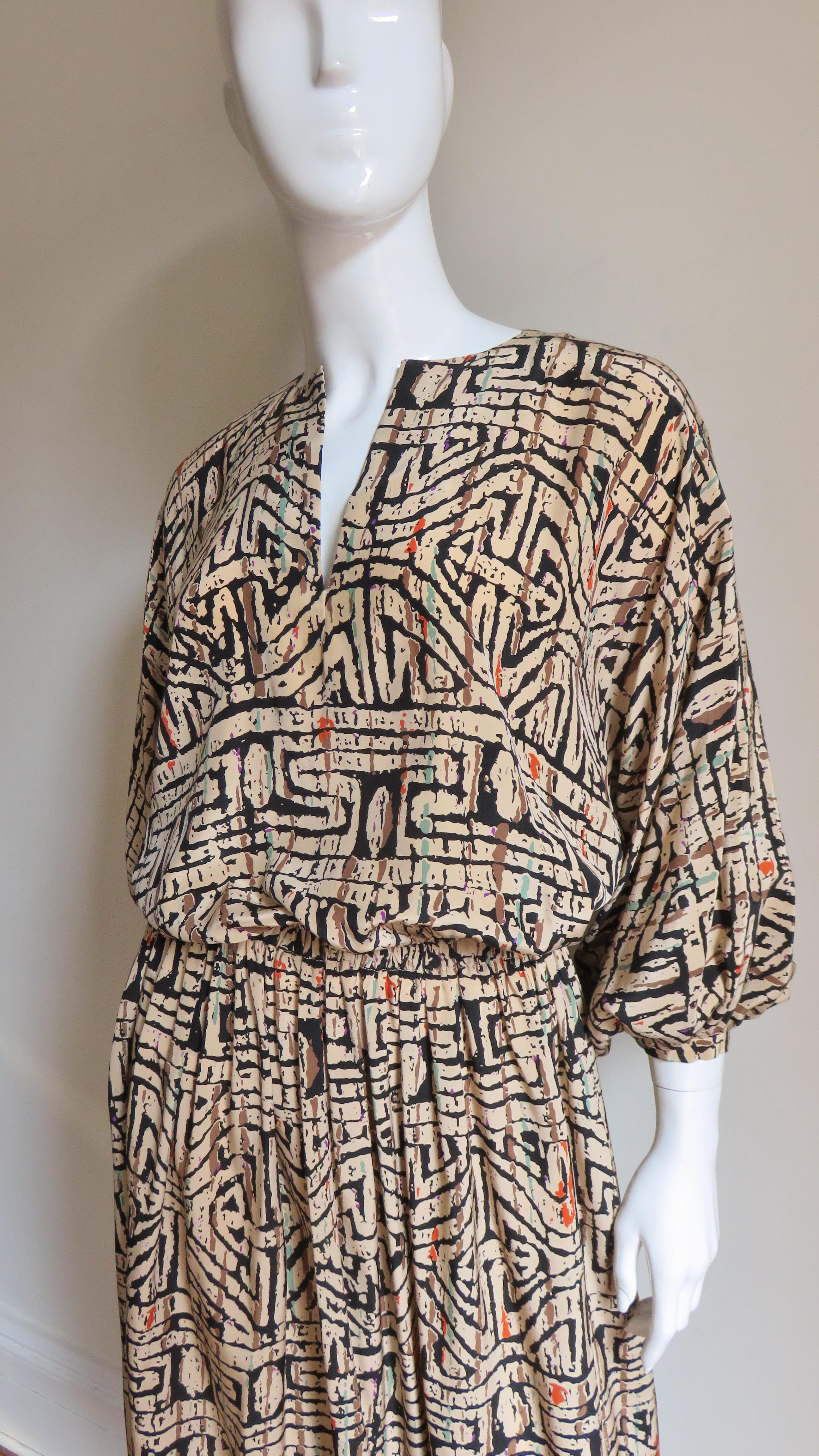 Women's Halston Abstract Print Blouson Dress 1970s