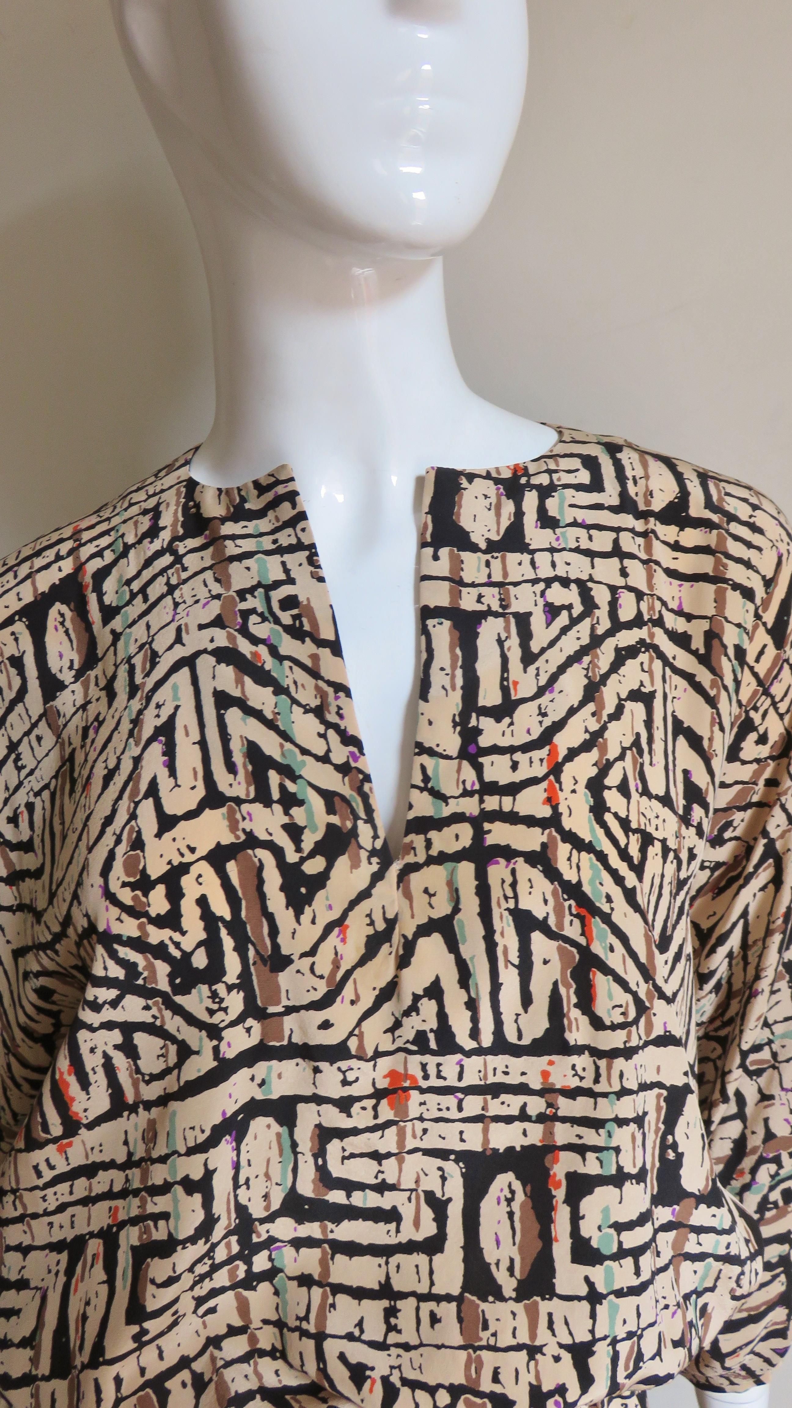 Halston Abstract Print Blouson Dress 1970s 1