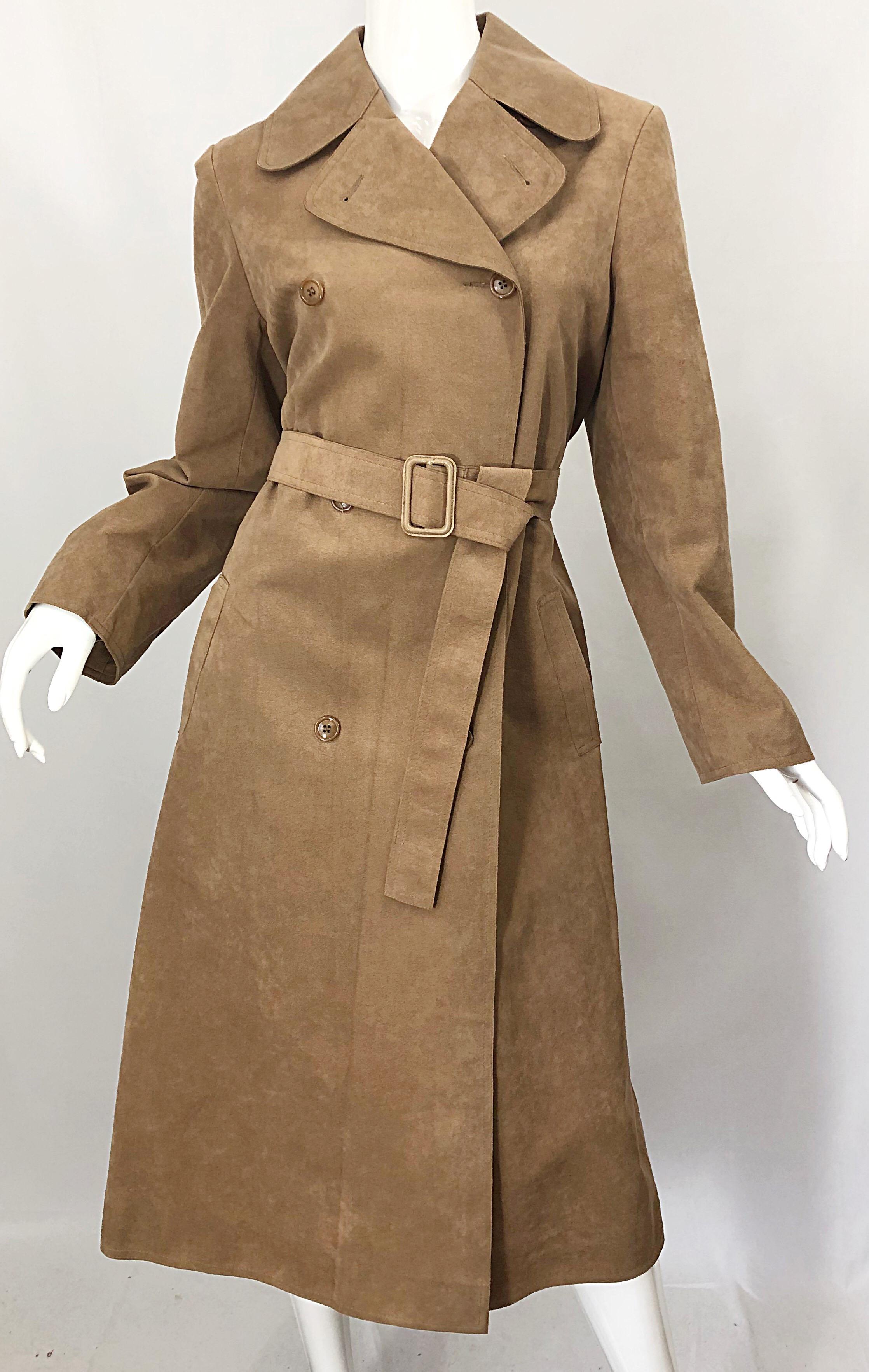 1970s Halston Ultrasuede Khaki Brown Double Breasted Vintage Spy Trench Jacket