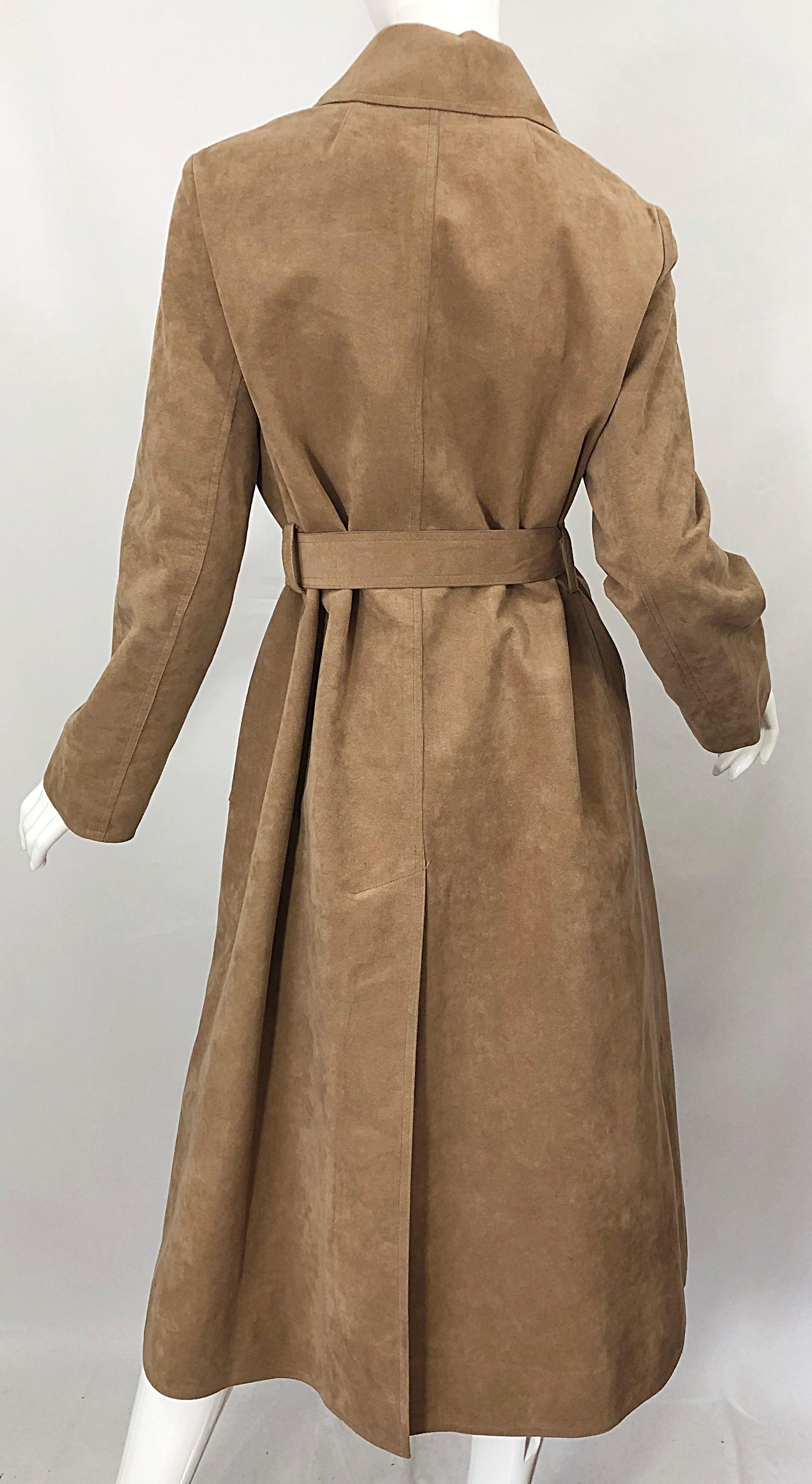 1970s Halston Ultrasuede Khaki Brown Double Breasted Vintage Spy Trench Jacket 4