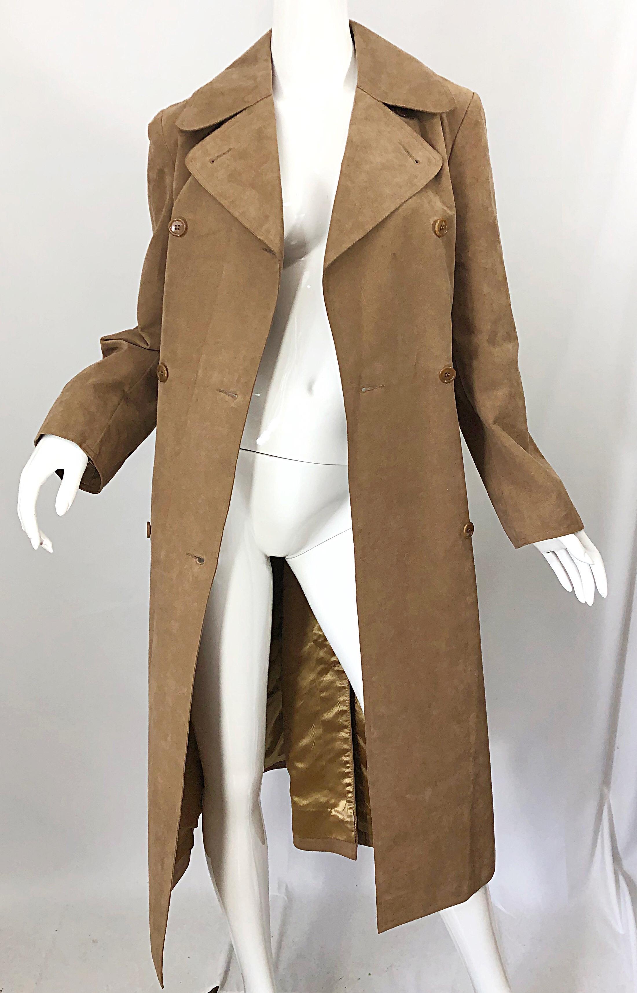 1970s Halston Ultrasuede Khaki Brown Double Breasted Vintage Spy Trench Jacket 5