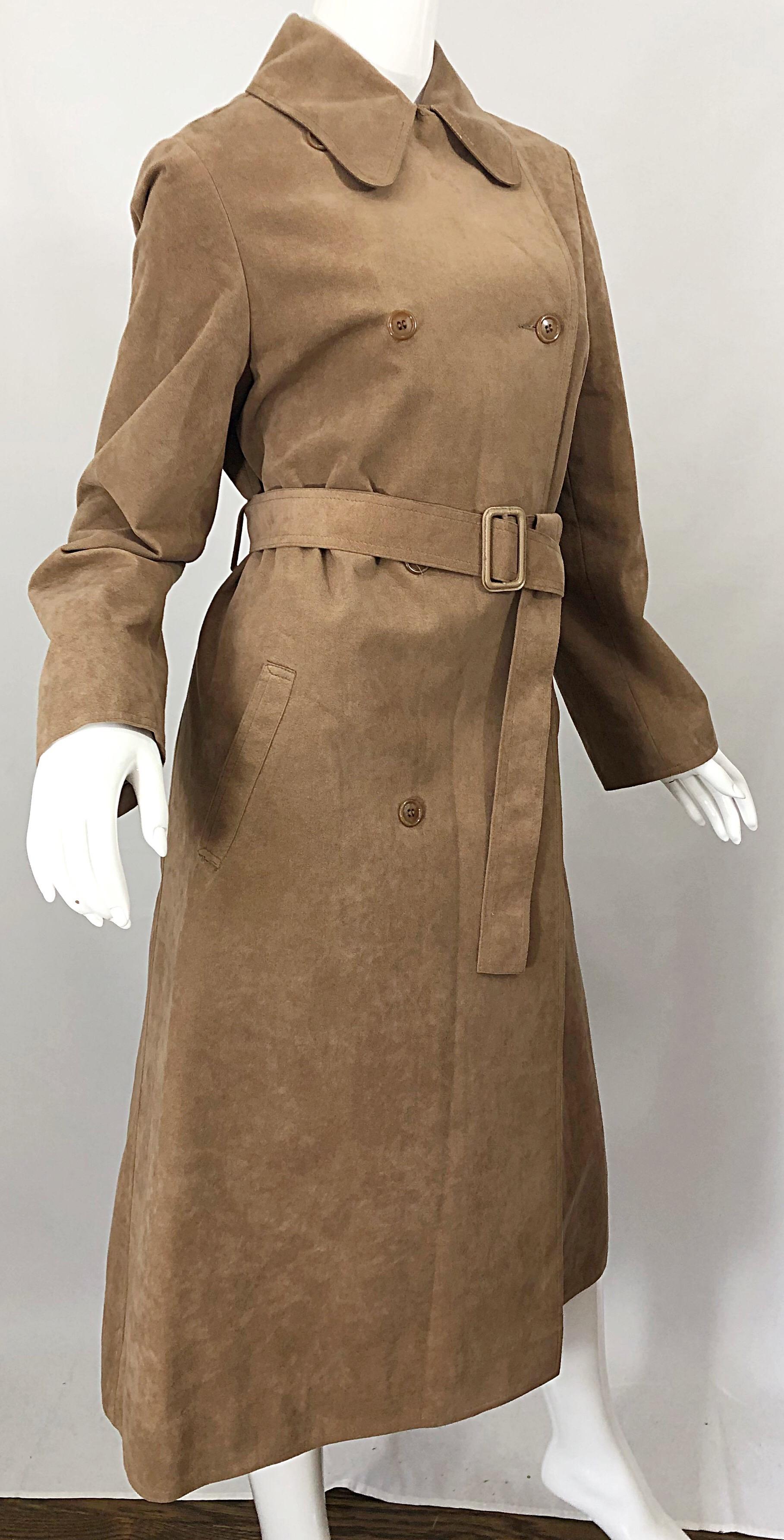 1970s Halston Ultrasuede Khaki Brown Double Breasted Vintage Spy Trench Jacket 6