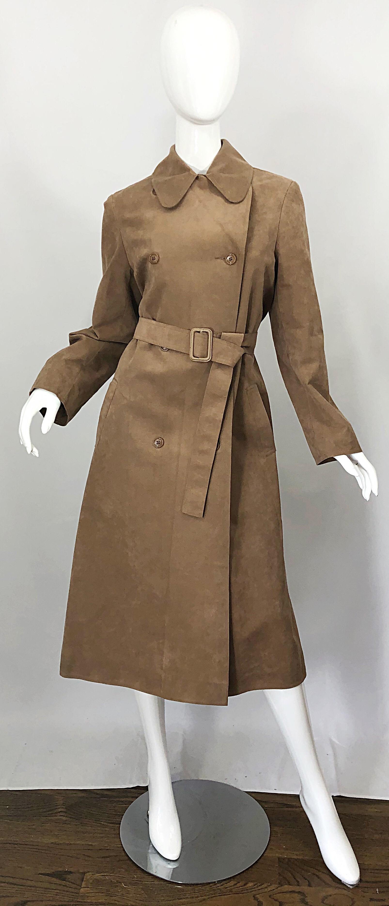 1970s Halston Ultrasuede Khaki Brown Double Breasted Vintage Spy Trench Jacket 8