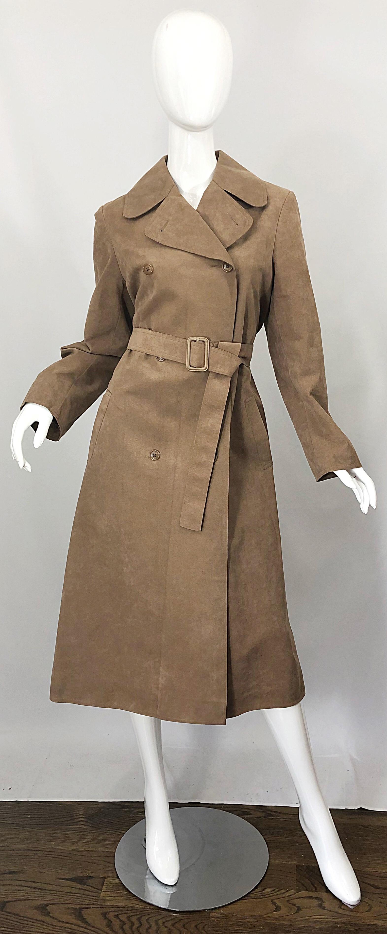 1970s Halston Ultrasuede Khaki Brown Double Breasted Vintage Spy Trench Jacket 9