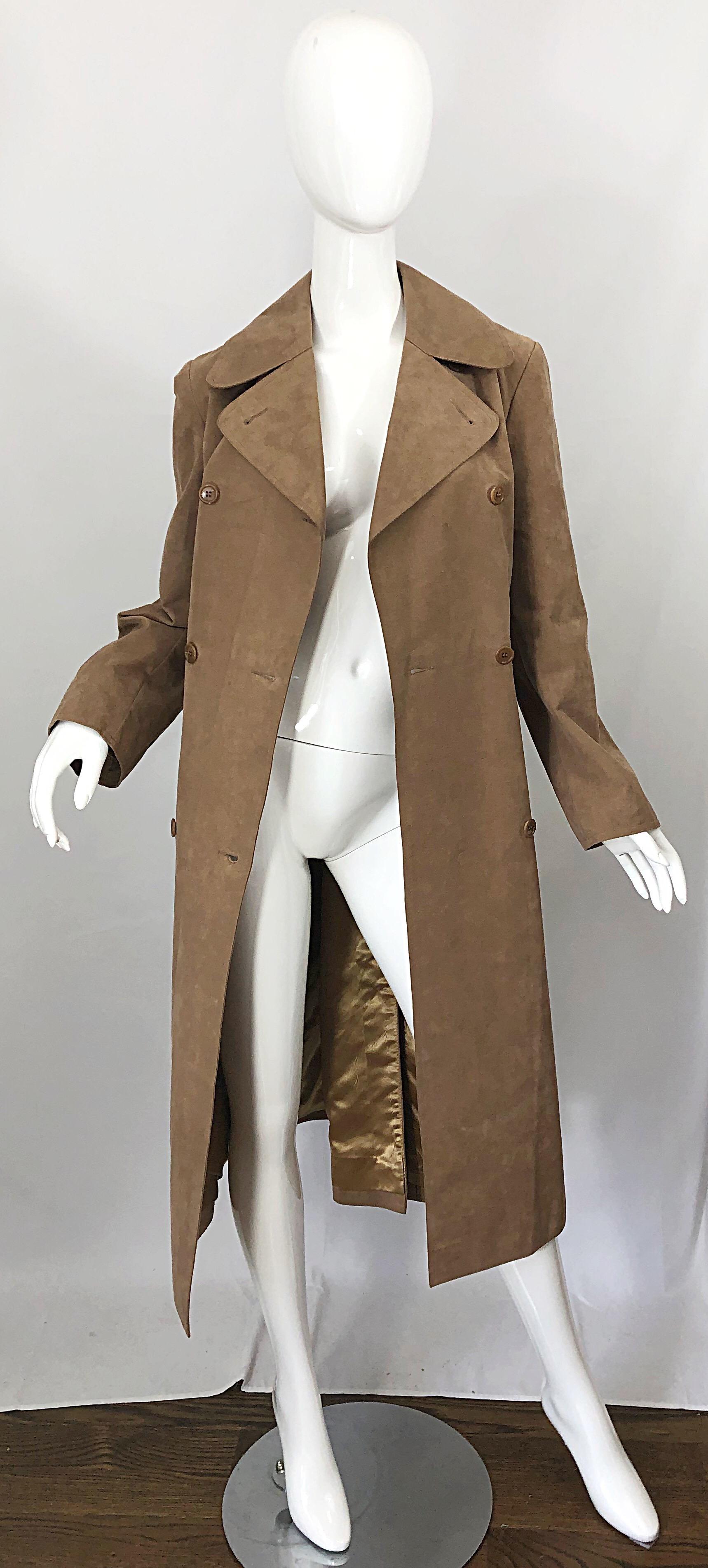 1970s Halston Ultrasuede Khaki Brown Double Breasted Vintage Spy Trench Jacket 1