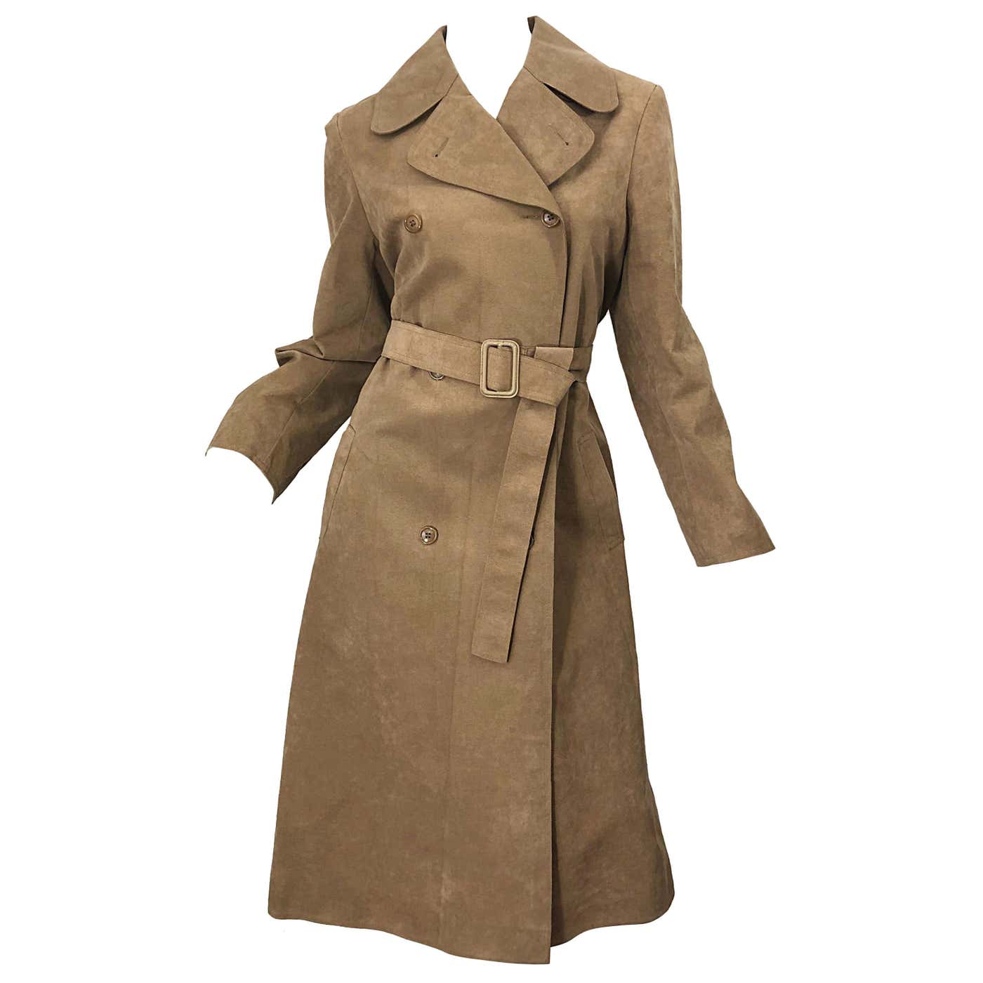1970s Halston Ultrasuede Khaki Brown Double Breasted Vintage Spy Trench ...