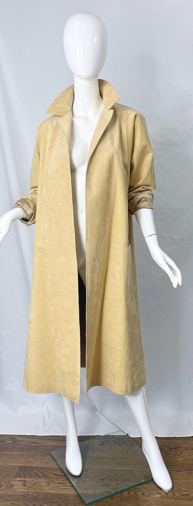 Small 1970s Halston Coat Ultrasuede Wing Collar Yellow Belted Dress Long Sleeve Button Front