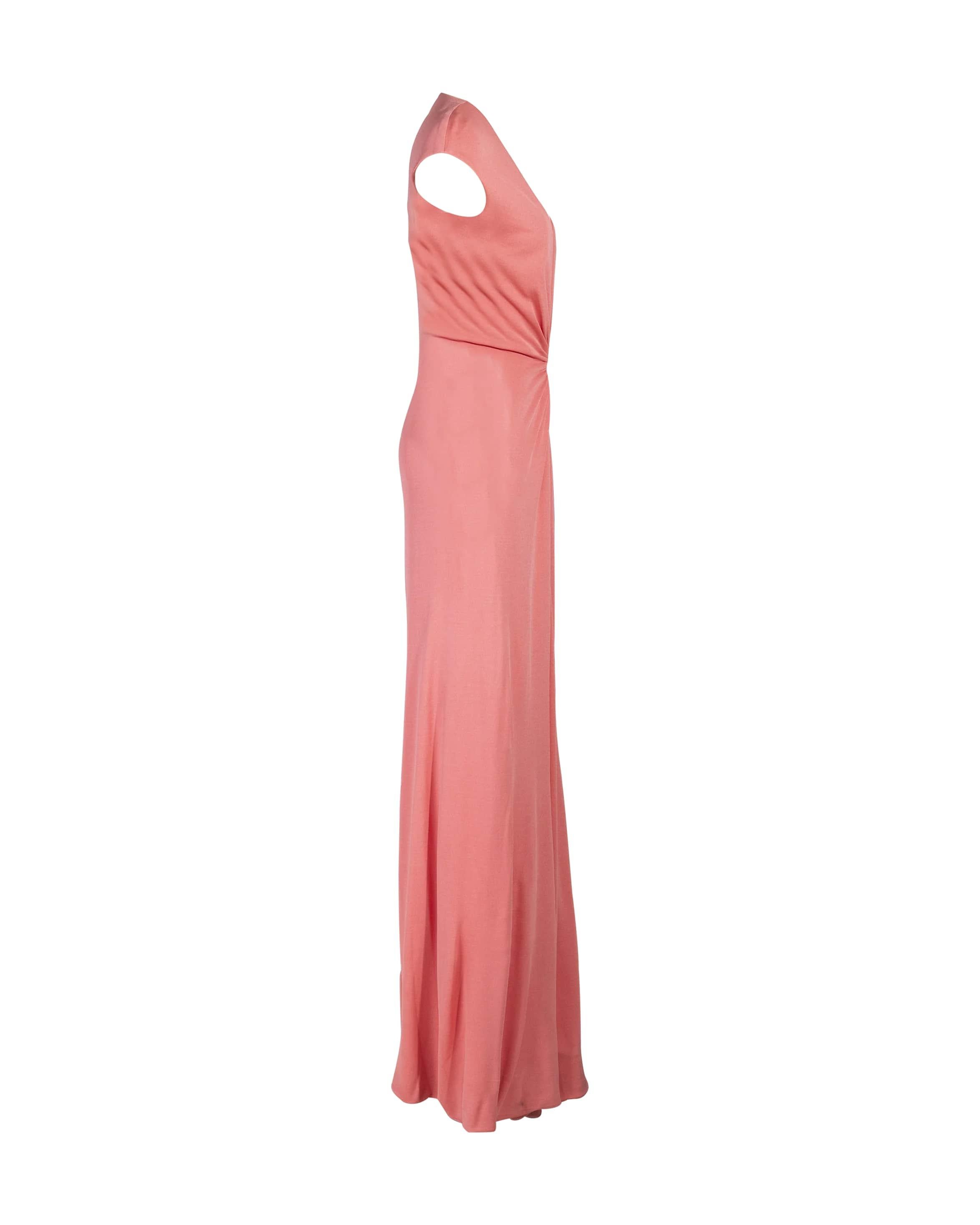 1970's Halston peach-pink v-neck sleeveless dress with center front drape. Minor stretch throughout. 