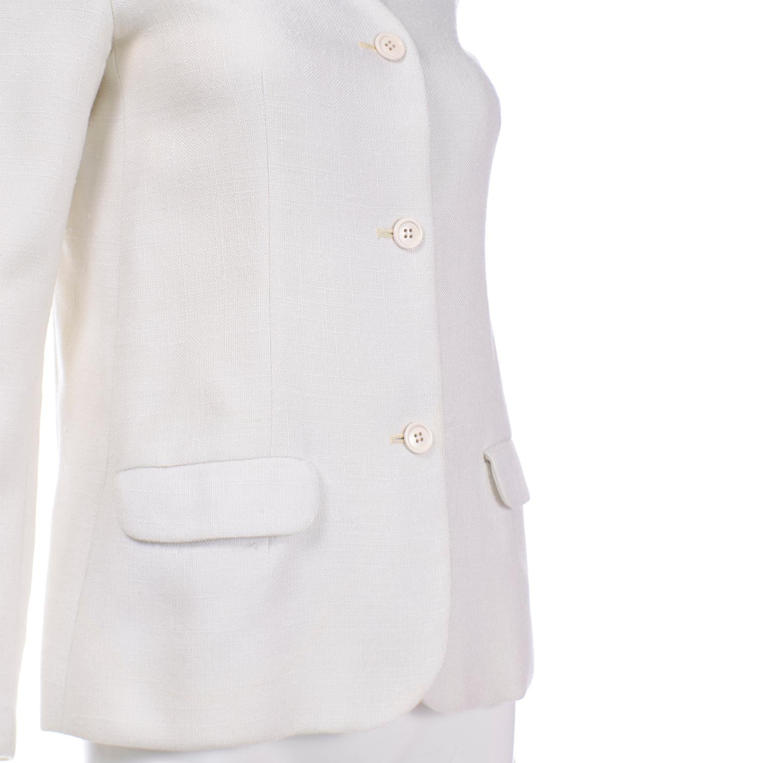 Gray 1970s Halston Vintage Ivory Linen Button Front Summer Jacket For Sale